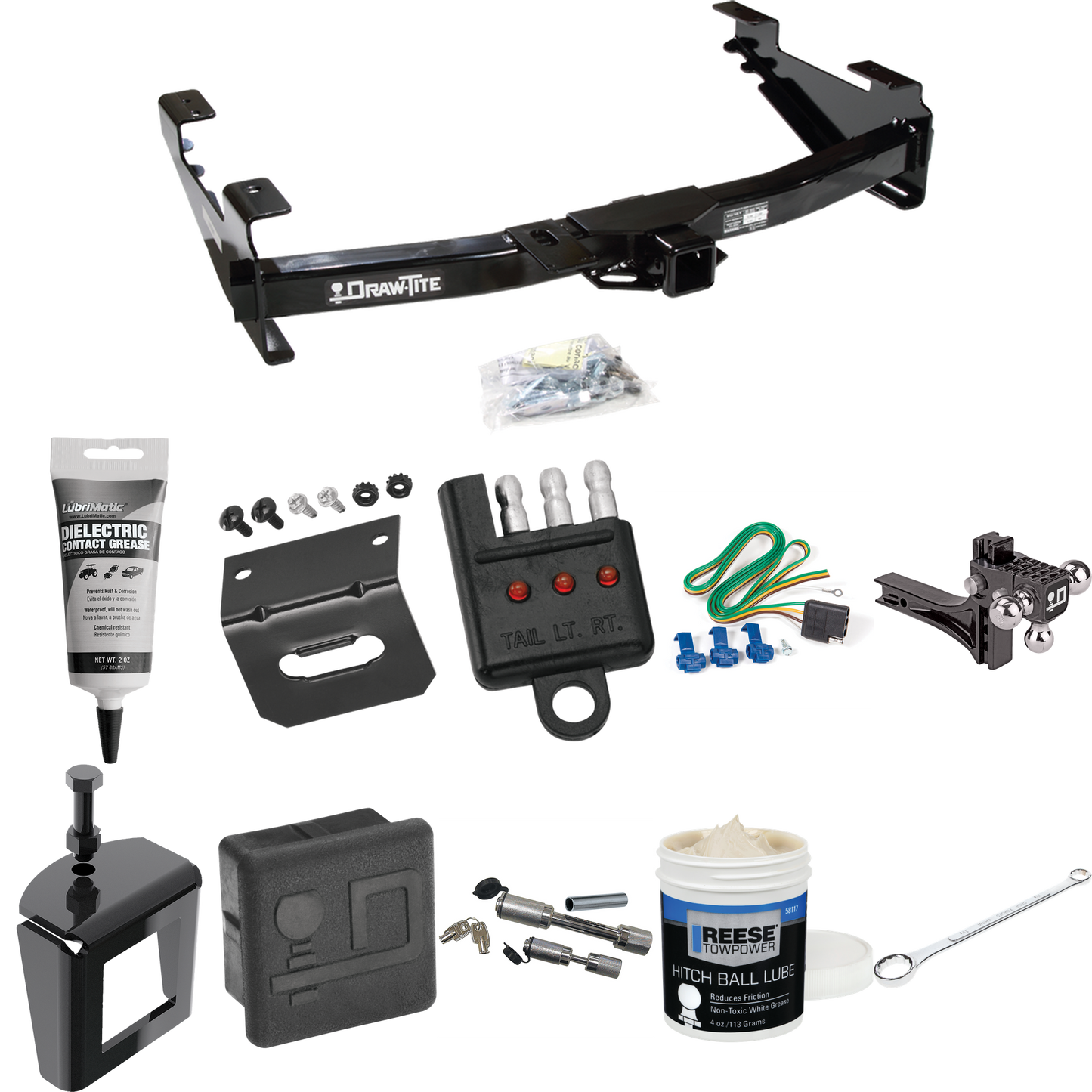 Fits 2003-2007 Chevrolet Silverado 3500 Trailer Hitch Tow PKG w/ 4-Flat Wiring + Adjustable Drop Rise Triple Ball Ball Mount 1-7/8" & 2" & 2-5/16" Trailer Balls + Wiring Bracket + Hitch Cover + Dual Hitch & Coupler Locks + Wiring Tester + Ball Lube +