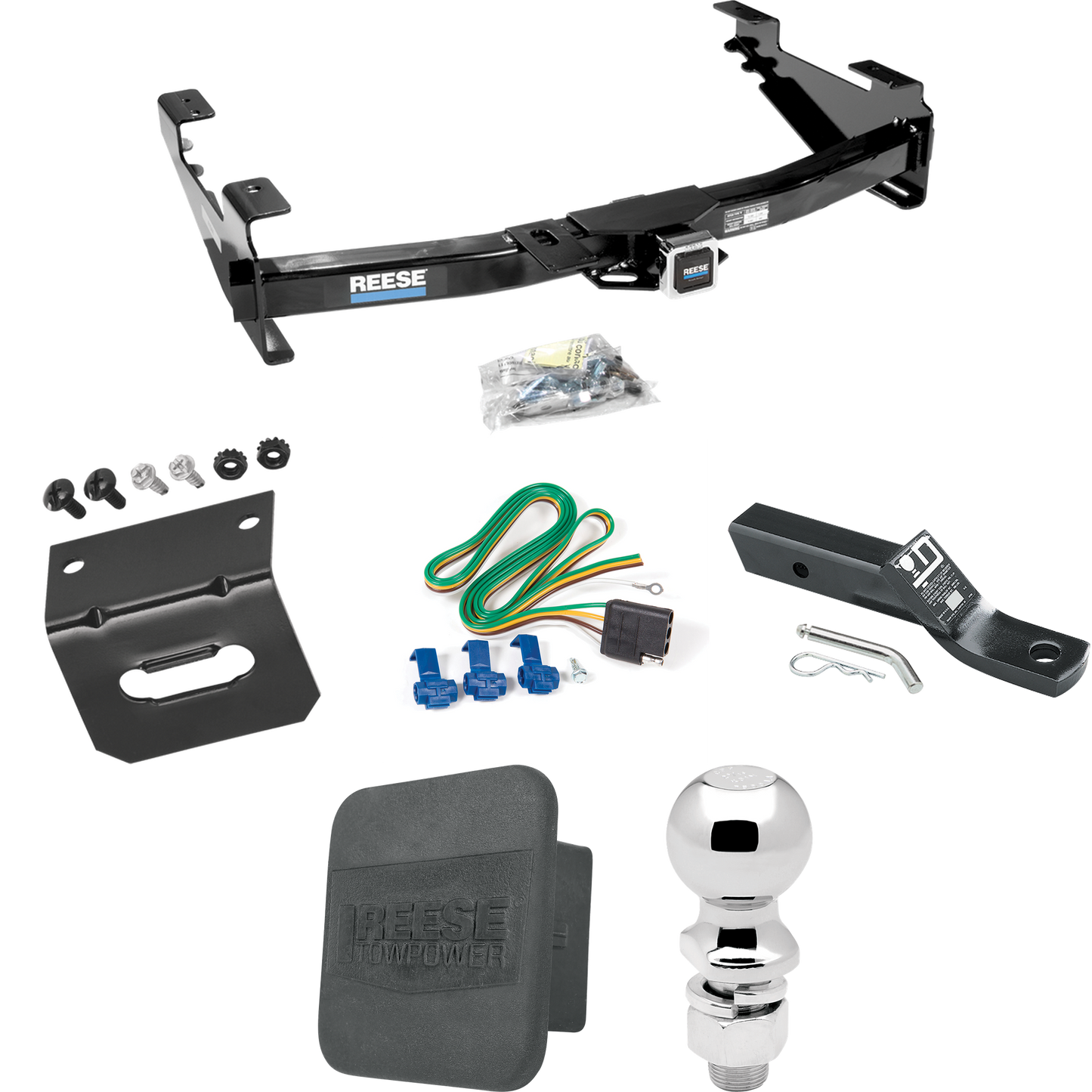 Fits 2001-2002 Chevrolet Silverado 2500 HD Trailer Hitch Tow PKG w/ 4-Flat Wiring + Ball Mount w/ 2" Drop + 2-5/16" Ball + Wiring Bracket + Hitch Cover By Reese Towpower