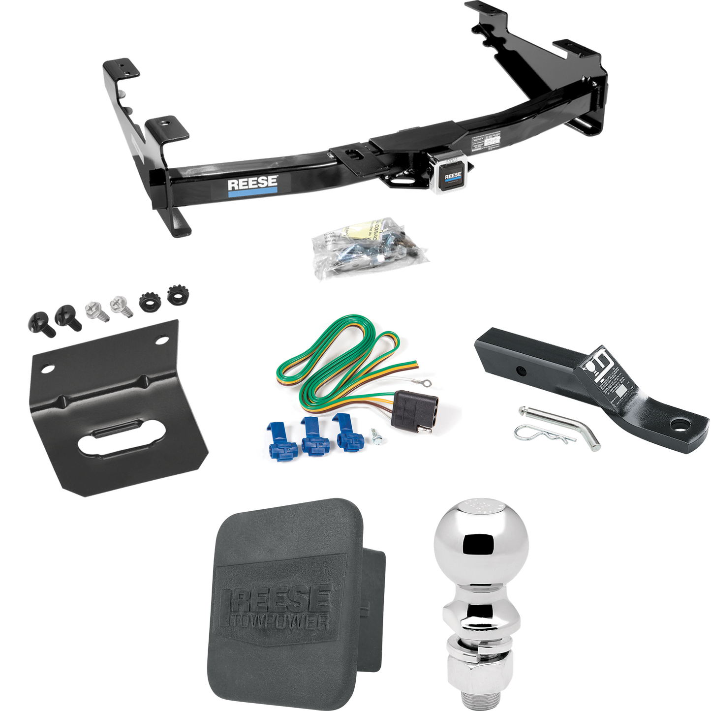 Fits 2001-2002 Chevrolet Silverado 3500 Trailer Hitch Tow PKG w/ 4-Flat Wiring + Ball Mount w/ 2" Drop + 2-5/16" Ball + Wiring Bracket + Hitch Cover By Reese Towpower