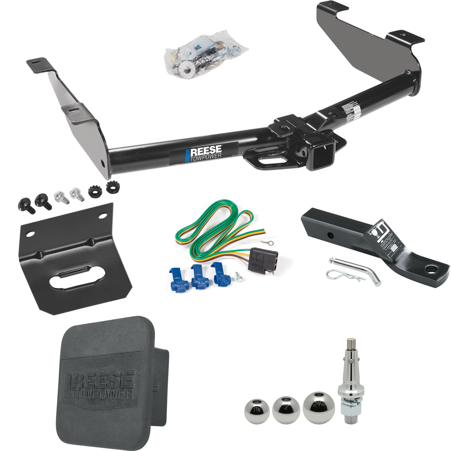 Fits 2003-2007 Chevrolet Silverado 3500 Trailer Hitch Tow PKG w/ 4-Flat Wiring + Ball Mount w/ 2" Drop + Interchangeable Ball 1-7/8" & 2" & 2-5/16" + Wiring Bracket + Hitch Cover (For (Classic) Models) By Reese Towpower