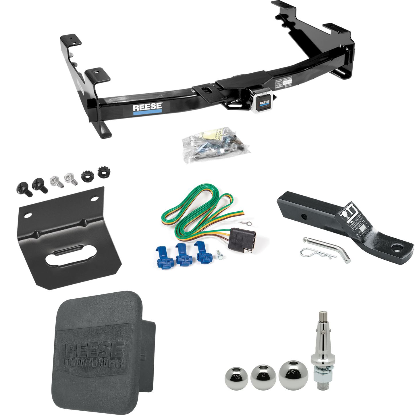 Fits 2001-2002 GMC Sierra 3500 Trailer Hitch Tow PKG w/ 4-Flat Wiring + Ball Mount w/ 2" Drop + Interchangeable Ball 1-7/8" & 2" & 2-5/16" + Wiring Bracket + Hitch Cover By Reese Towpower