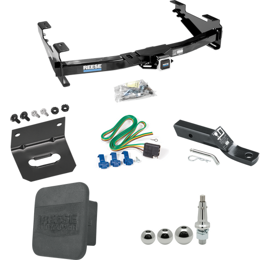 Fits 2001-2002 GMC Sierra 3500 Trailer Hitch Tow PKG w/ 4-Flat Wiring + Ball Mount w/ 2" Drop + Interchangeable Ball 1-7/8" & 2" & 2-5/16" + Wiring Bracket + Hitch Cover By Reese Towpower