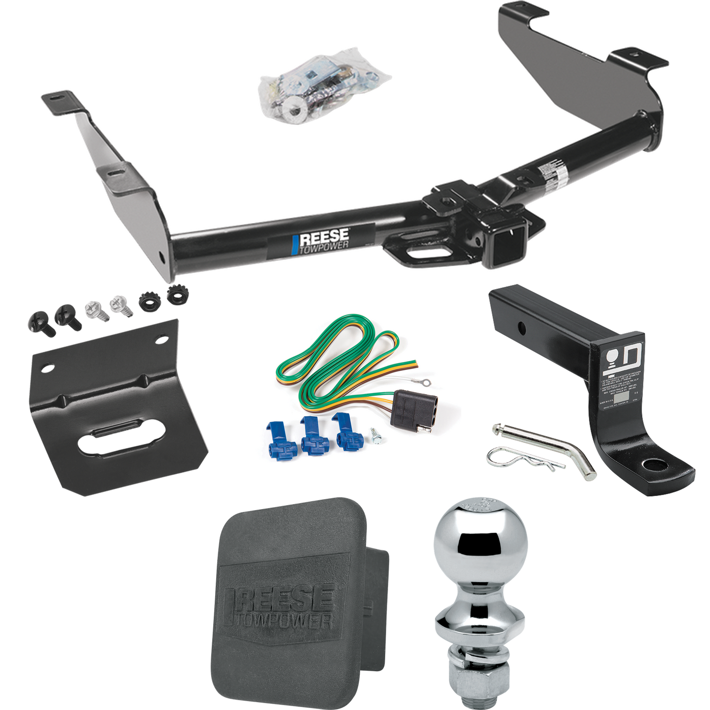 Fits 2001-2002 Chevrolet Silverado 2500 HD Trailer Hitch Tow PKG w/ 4-Flat Wiring + Ball Mount w/ 4" Drop + 1-7/8" Ball + Wiring Bracket + Hitch Cover By Reese Towpower