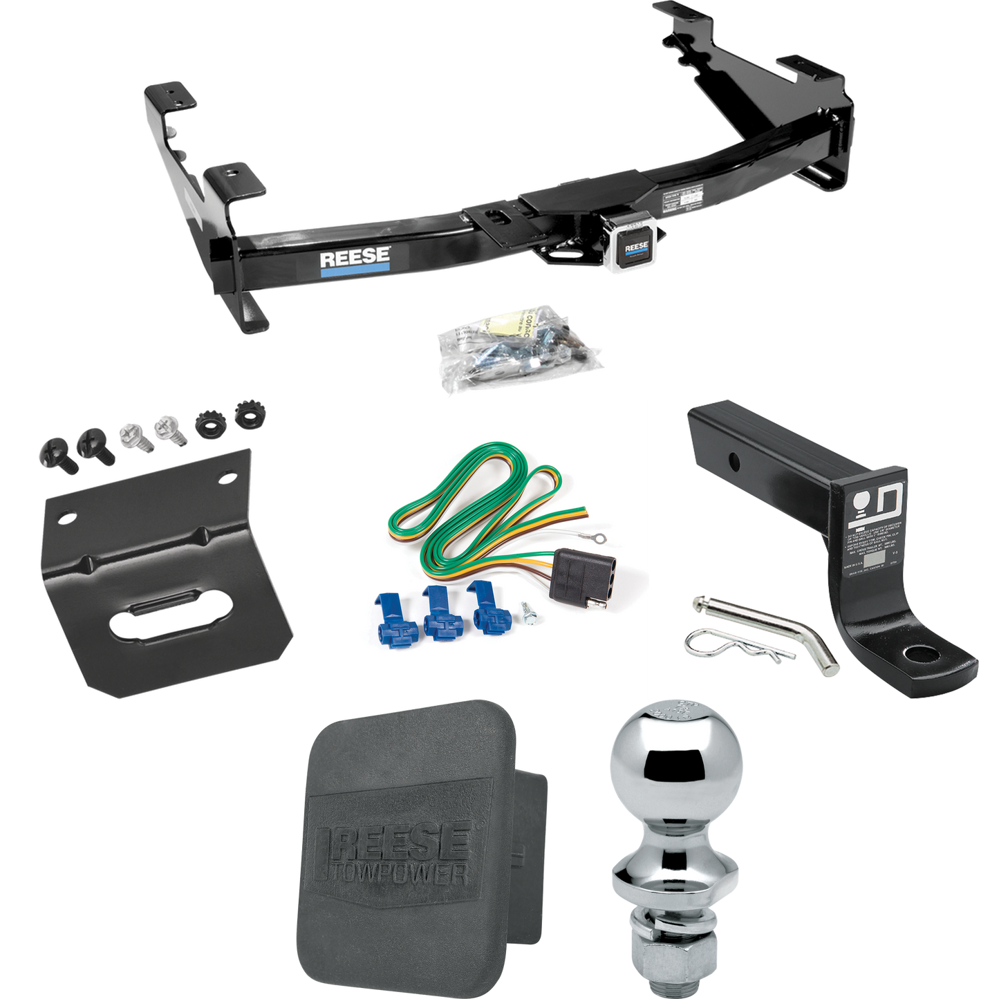 Fits 2003-2007 Chevrolet Silverado 2500 HD Trailer Hitch Tow PKG w/ 4-Flat Wiring + Ball Mount w/ 4" Drop + 1-7/8" Ball + Wiring Bracket + Hitch Cover (For (Classic) Models) By Reese Towpower