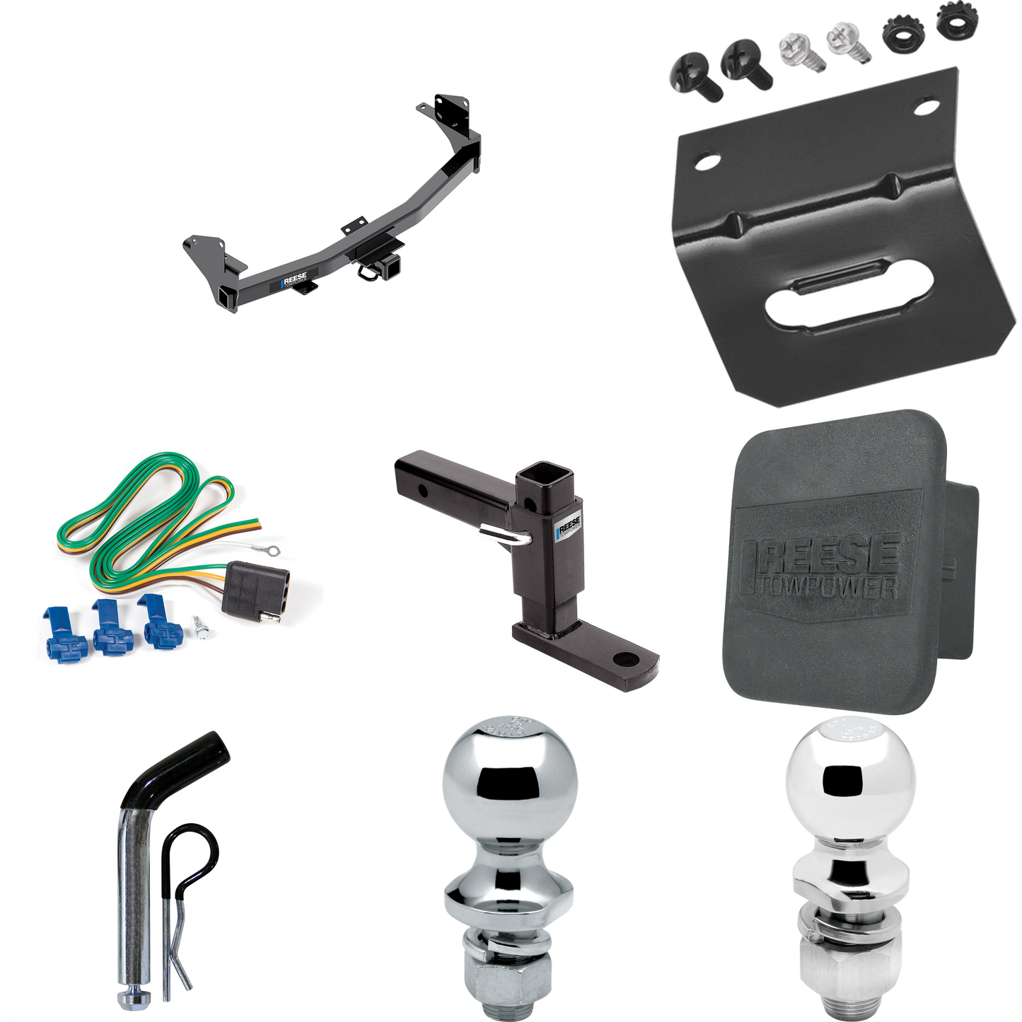 Fits 2015-2022 Chevrolet Colorado Trailer Hitch Tow PKG w/ 4-Flat Wiring + Adjustable Drop Rise Ball Mount + Pin/Clip + 2" Ball + 1-7/8" Ball + Wiring Bracket + Hitch Cover By Reese Towpower