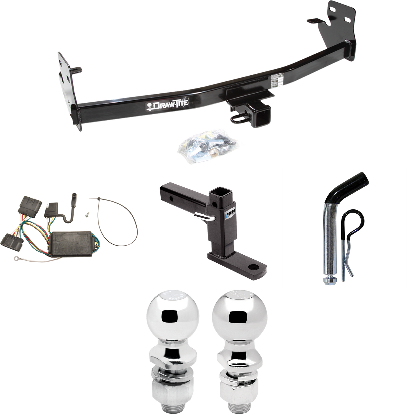 Fits 2004-2012 Chevrolet Colorado Trailer Hitch Tow PKG w/ 4-Flat Wiring + Adjustable Drop Rise Ball Mount + Pin/Clip + 2" Ball + 2-5/16" Ball By Draw-Tite