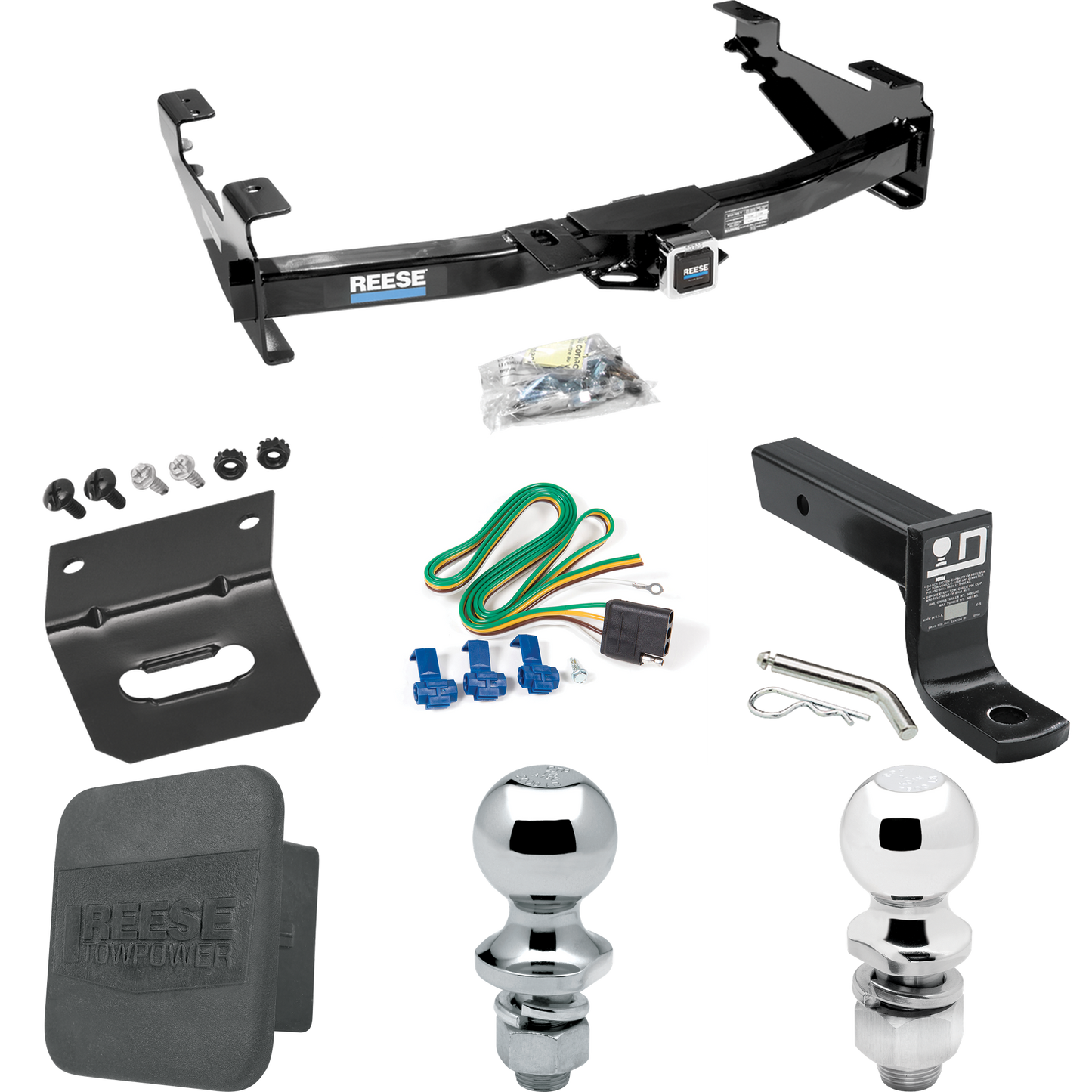 Fits 2003-2007 Chevrolet Silverado 3500 Trailer Hitch Tow PKG w/ 4-Flat Wiring + Ball Mount w/ 4" Drop + 2" Ball + 1-7/8" Ball + Wiring Bracket + Hitch Cover (For (Classic) Models) By Reese Towpower