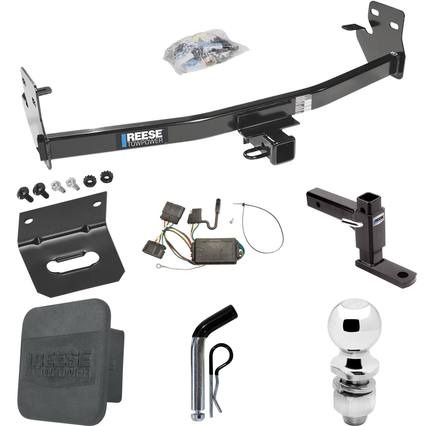 Se adapta al paquete de enganche de remolque Isuzu i-280 2006-2006 con 4 cables planos + soporte de bola ajustable + pasador/clip + bola de 2 pulgadas + soporte de cableado + cubierta de enganche de Reese Towpower