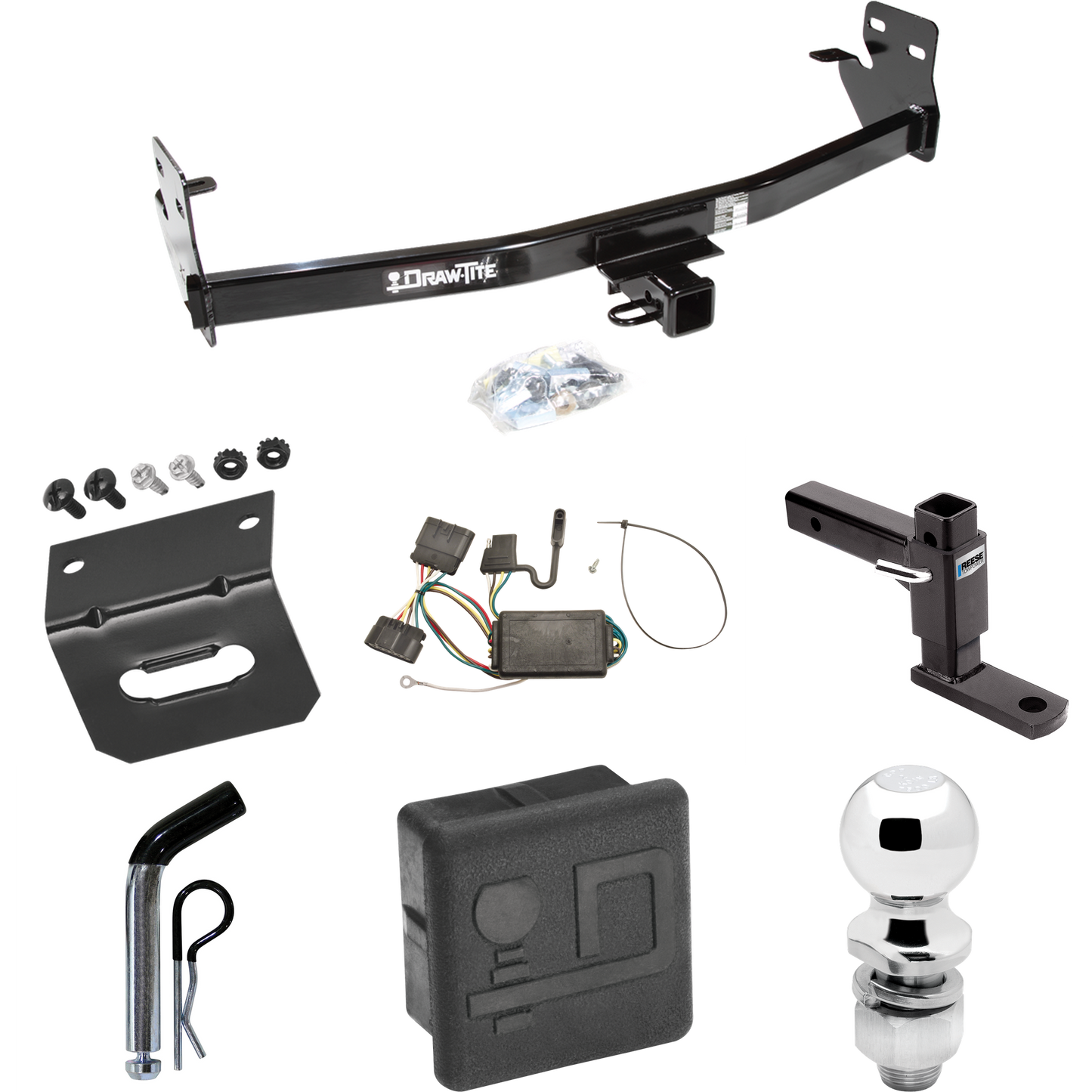 Fits 2006-2006 Isuzu i-280 Trailer Hitch Tow PKG w/ 4-Flat Wiring + Adjustable Drop Rise Ball Mount + Pin/Clip + 2" Ball + Wiring Bracket + Hitch Cover By Draw-Tite