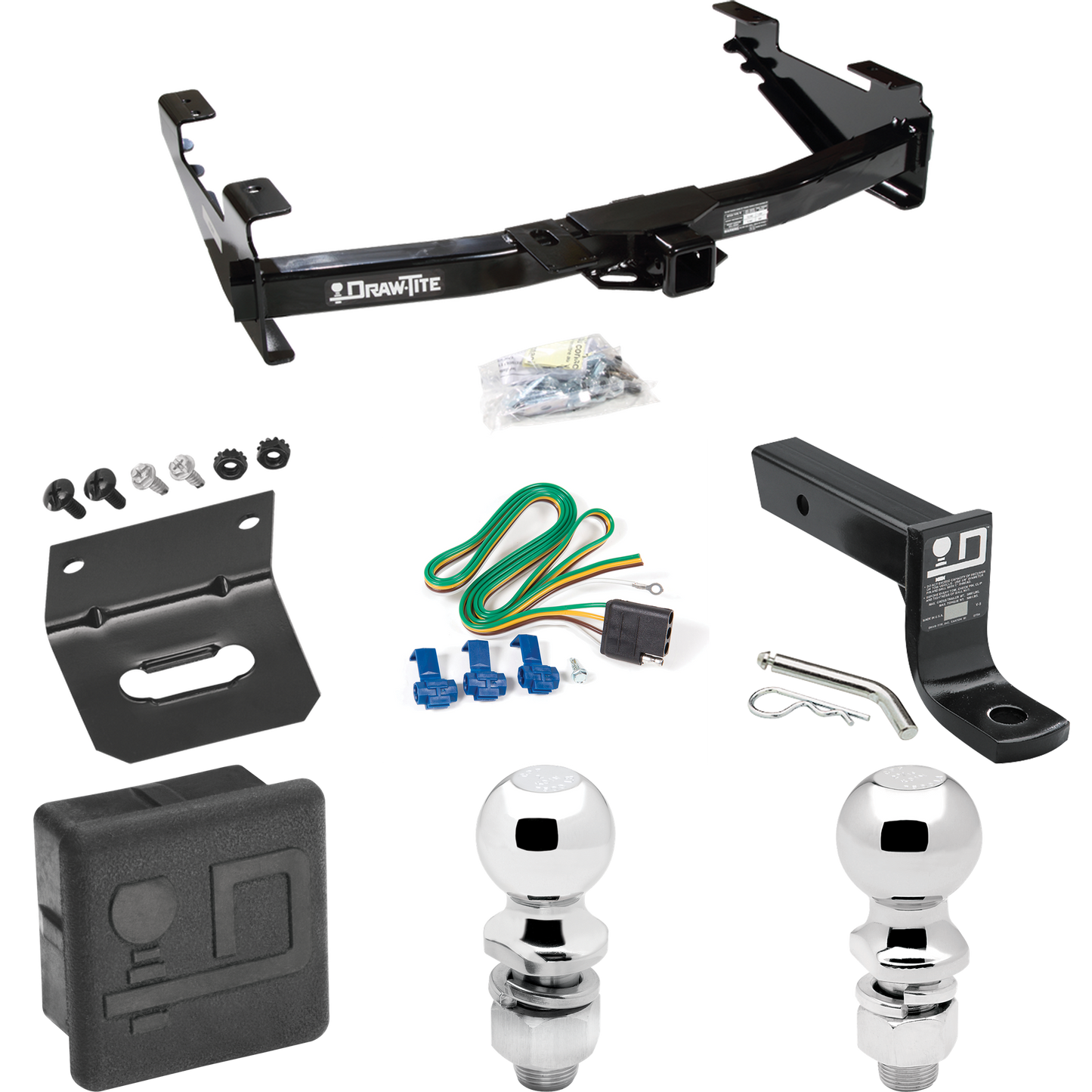 Fits 2003-2007 GMC Sierra 2500 HD Trailer Hitch Tow PKG w/ 4-Flat Wiring + Ball Mount w/ 4" Drop + 2" Ball + 2-5/16" Ball + Wiring Bracket + Hitch Cover (For (Classic) Models) By Draw-Tite