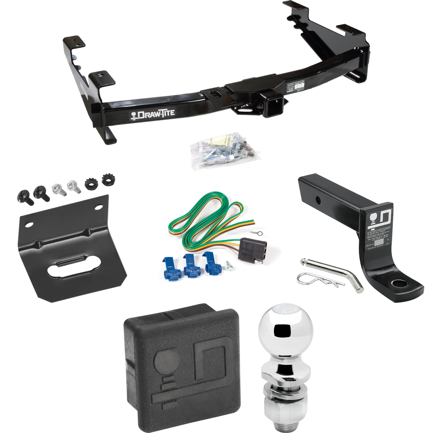 Fits 2001-2002 GMC Sierra 2500 HD Trailer Hitch Tow PKG w/ 4-Flat Wiring + Ball Mount w/ 4" Drop + 2" Ball + Wiring Bracket + Hitch Cover By Draw-Tite