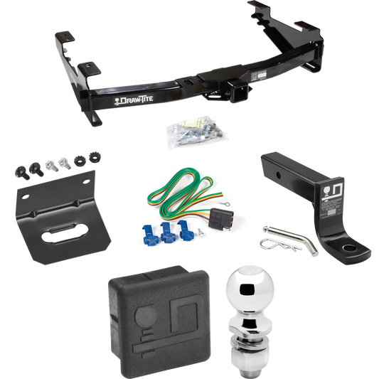 Fits 2001-2002 GMC Sierra 2500 HD Trailer Hitch Tow PKG w/ 4-Flat Wiring + Ball Mount w/ 4" Drop + 2" Ball + Wiring Bracket + Hitch Cover By Draw-Tite