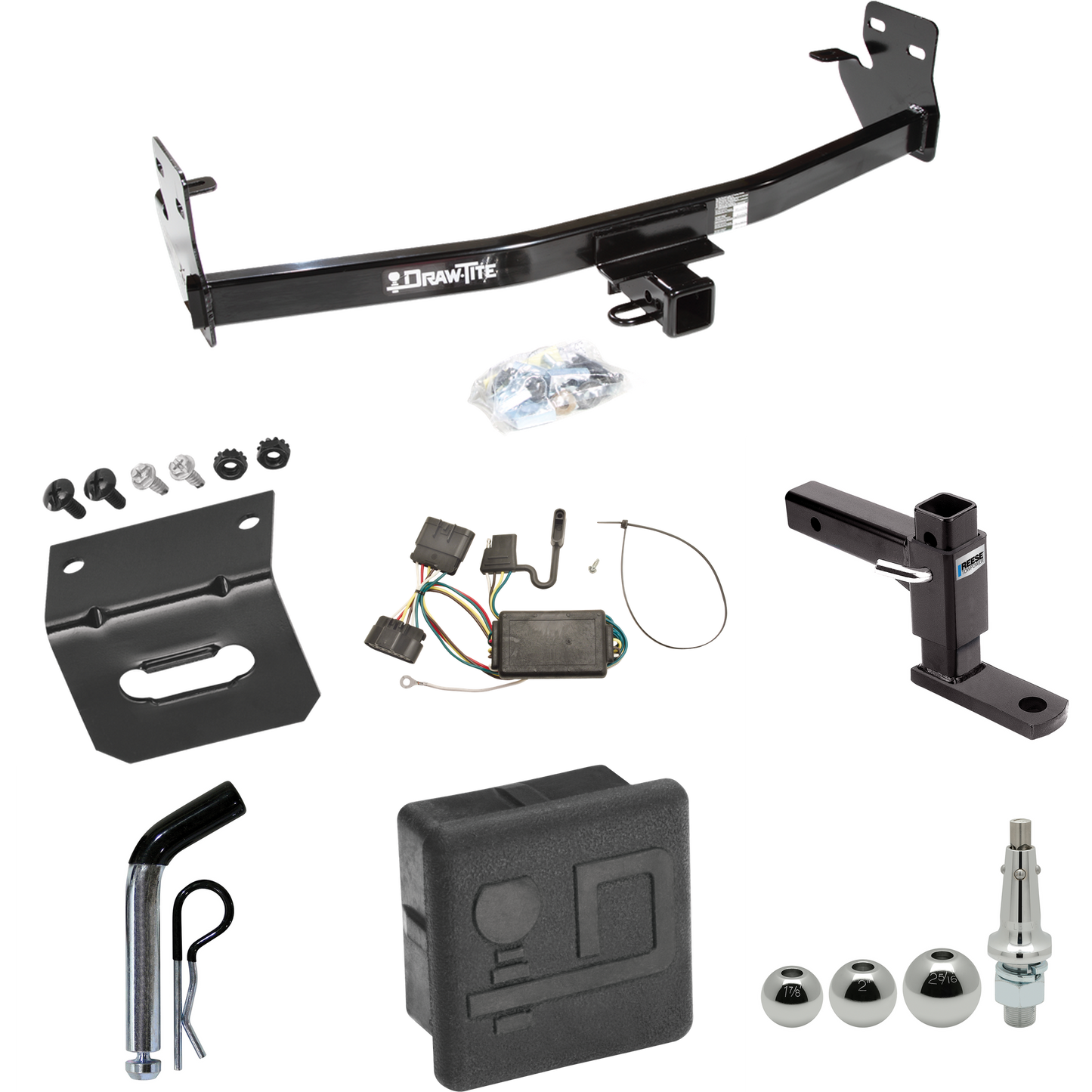 Fits 2006-2006 Isuzu i-350 Trailer Hitch Tow PKG w/ 4-Flat Wiring + Adjustable Drop Rise Ball Mount + Pin/Clip + Inerchangeable 1-7/8" & 2" & 2-5/16" Balls + Wiring Bracket + Hitch Cover By Draw-Tite