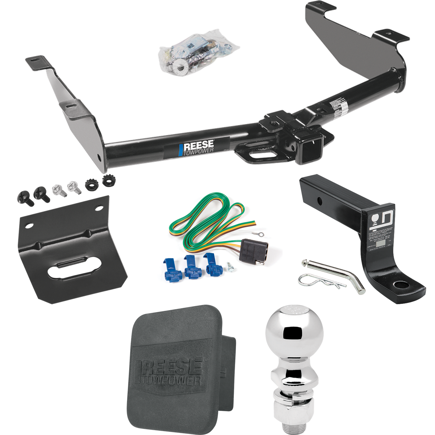 Fits 2001-2002 GMC Sierra 2500 HD Trailer Hitch Tow PKG w/ 4-Flat Wiring + Ball Mount w/ 4" Drop + 2-5/16" Ball + Wiring Bracket + Hitch Cover By Reese Towpower