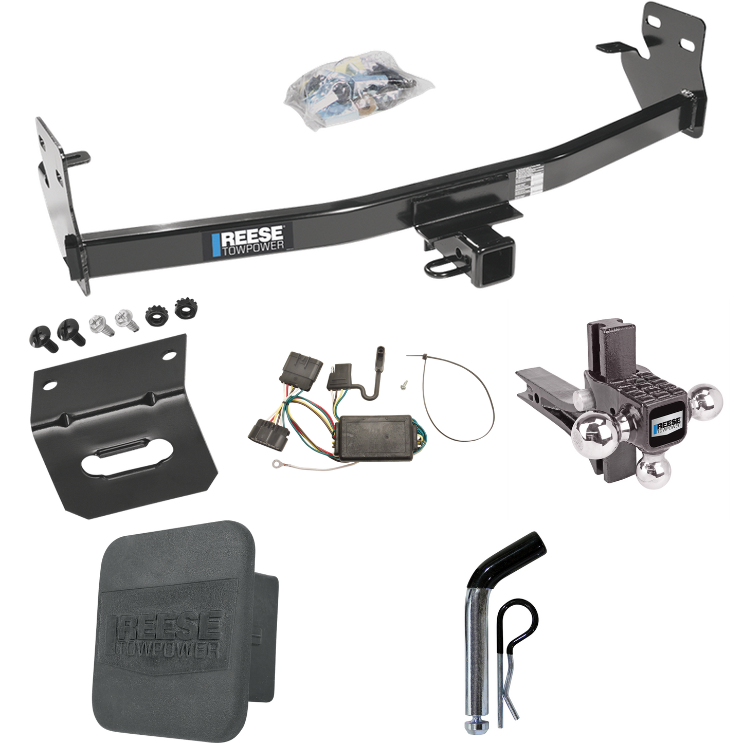 Fits 2004-2012 GMC Canyon Trailer Hitch Tow PKG w/ 4-Flat Wiring + Adjustable Drop Rise Triple Ball Ball Mount 1-7/8" & 2" & 2-5/16" Trailer Balls + Pin/Clip + Wiring Bracket + Hitch Cover By Reese Towpower