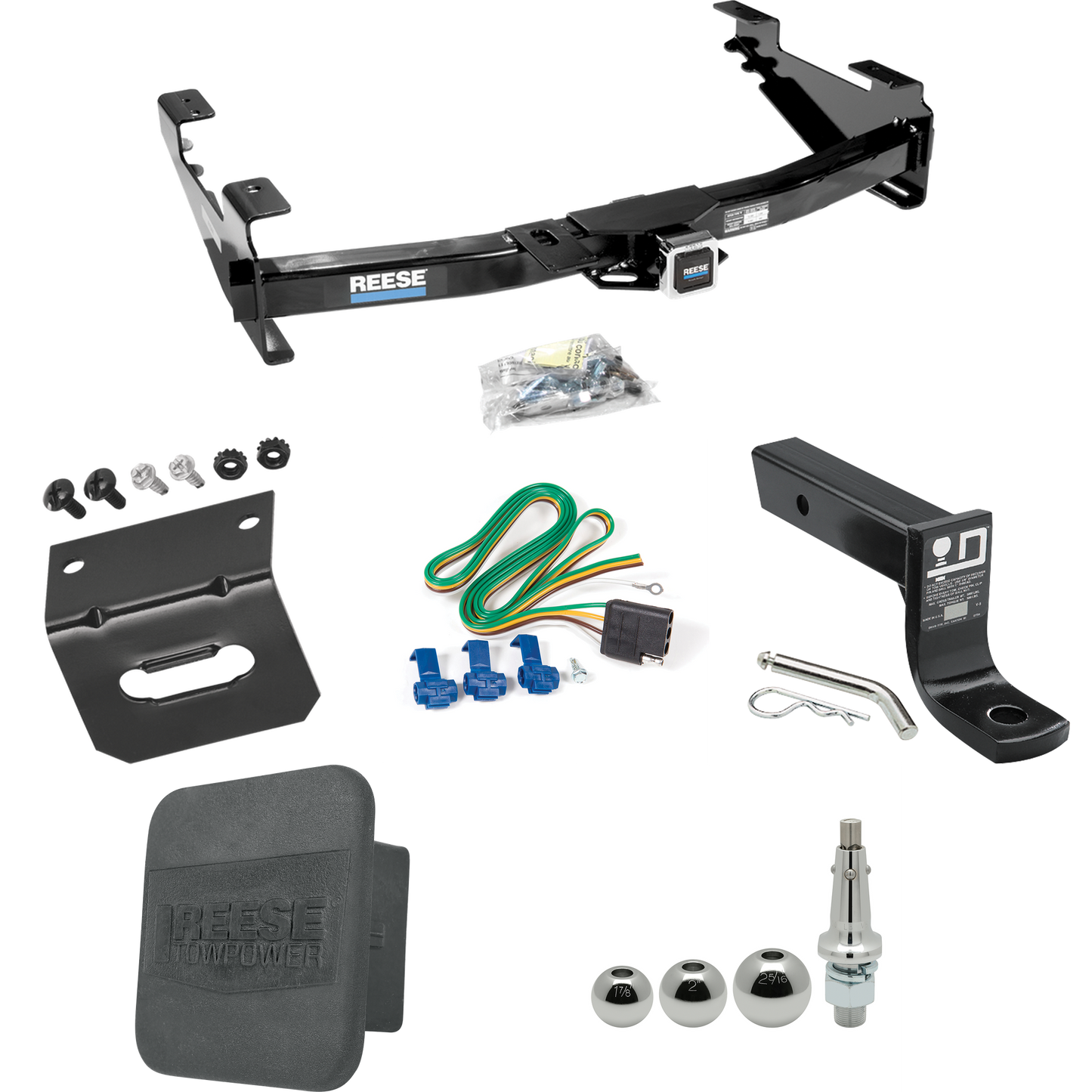 Fits 2001-2002 GMC Sierra 3500 Trailer Hitch Tow PKG w/ 4-Flat Wiring + Ball Mount w/ 4" Drop + Interchangeable Ball 1-7/8" & 2" & 2-5/16" + Wiring Bracket + Hitch Cover By Reese Towpower