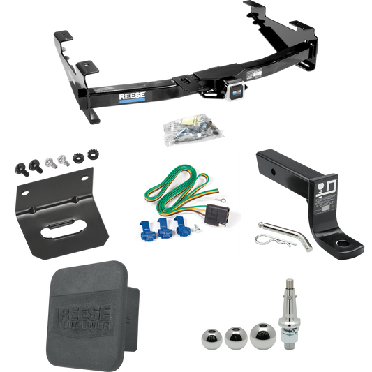 Fits 2001-2002 GMC Sierra 3500 Trailer Hitch Tow PKG w/ 4-Flat Wiring + Ball Mount w/ 4" Drop + Interchangeable Ball 1-7/8" & 2" & 2-5/16" + Wiring Bracket + Hitch Cover By Reese Towpower