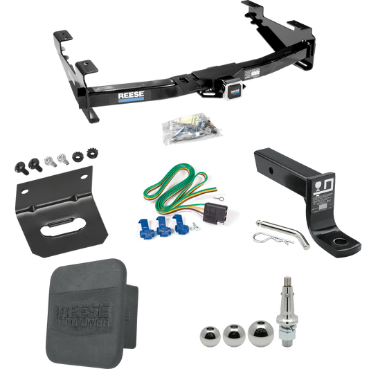 Fits 2001-2002 Chevrolet Silverado 2500 HD Trailer Hitch Tow PKG w/ 4-Flat Wiring + Ball Mount w/ 4" Drop + Interchangeable Ball 1-7/8" & 2" & 2-5/16" + Wiring Bracket + Hitch Cover By Reese Towpower