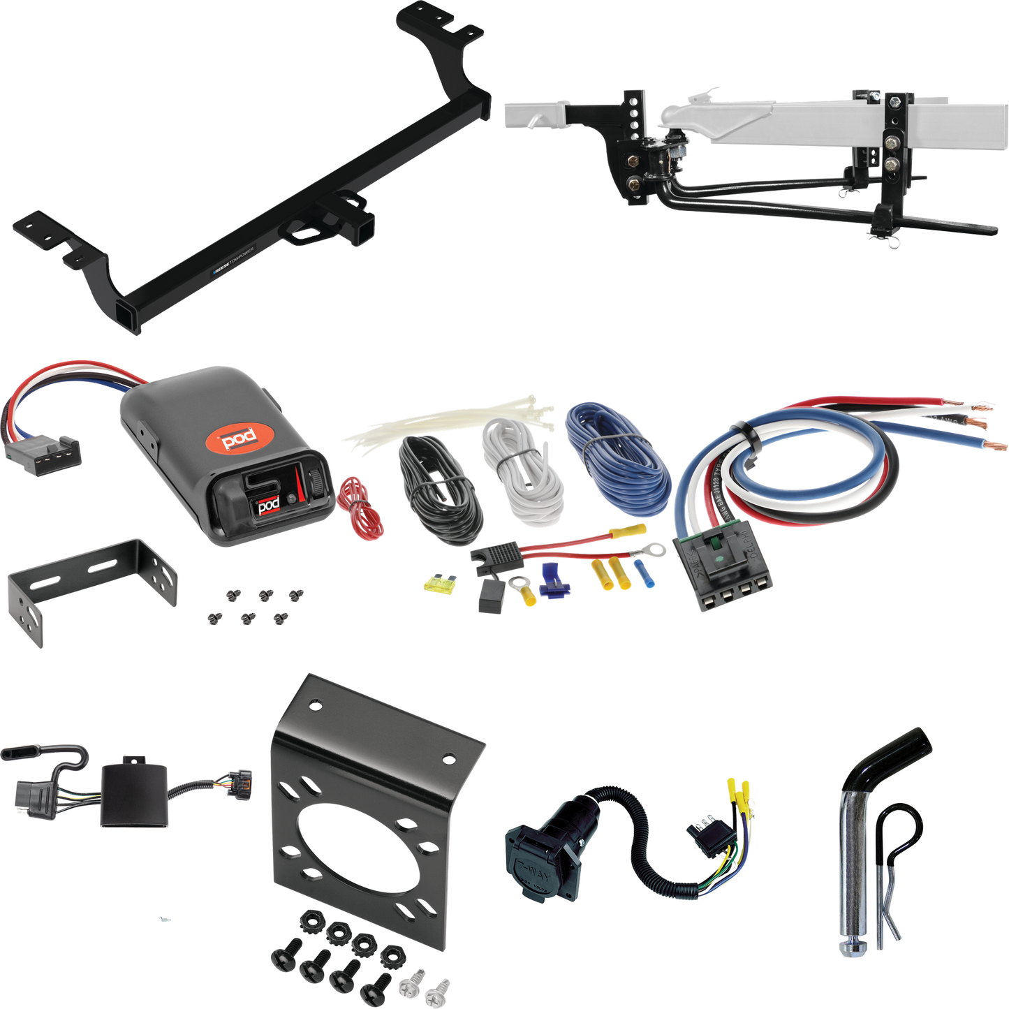 Fits 2022-2023 KIA Carnival Trailer Hitch Tow PKG w/ 6K Round Bar Weight Distribution Hitch w/ 2-5/16" Ball + Pin/Clip + Pro Series POD Brake Control + Generic BC Wiring Adapter + 7-Way RV Wiring By Reese Towpower