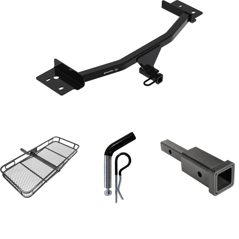 Fits 2020-2023 Ford Explorer Trailer Hitch Tow PKG w/ Hitch Adapter 1-1/4" to 2" Receiver + 1/2" Pin & Clip + 60" x 24" Cargo Carrier Rack By Draw-Tite