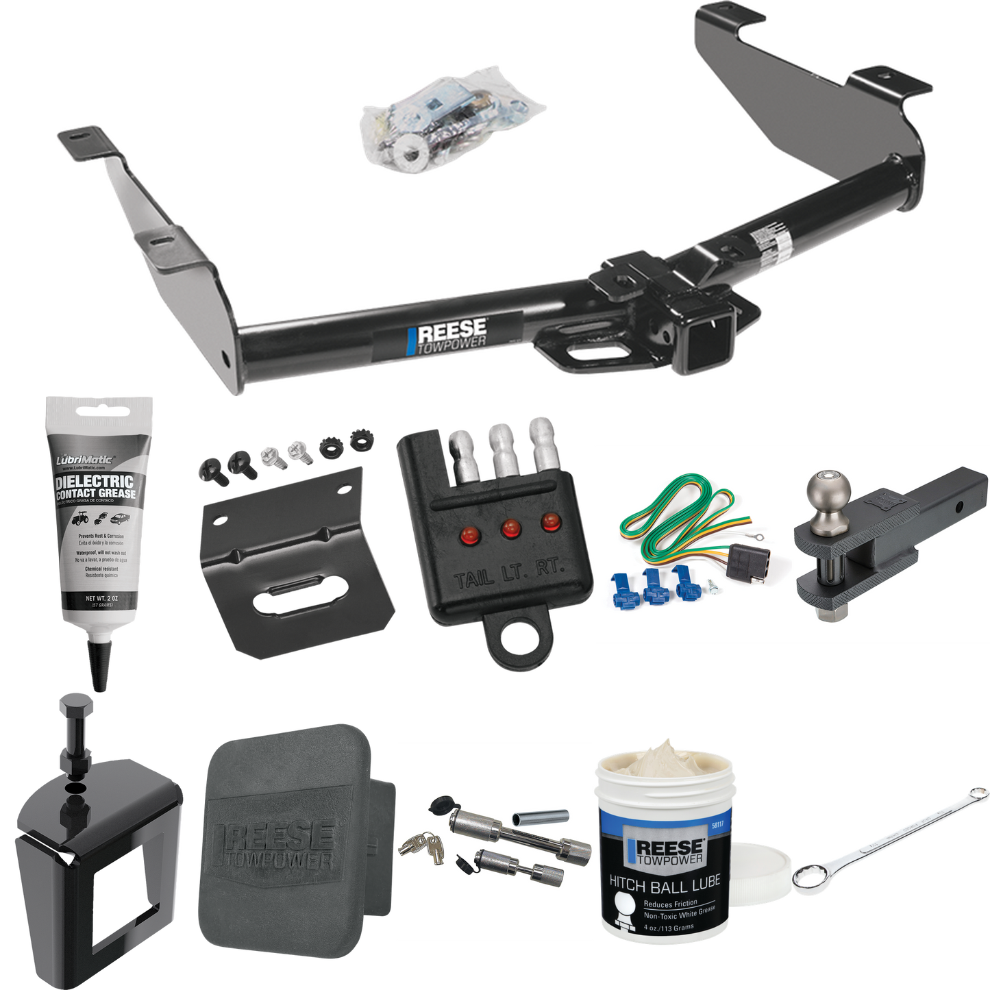 Fits 2001-2002 Chevrolet Silverado 2500 HD Trailer Hitch Tow PKG w/ 4-Flat Wiring + Clevis Hitch Ball Mount w/ 2" Ball + Wiring Bracket + Hitch Cover + Dual Hitch & Coupler Locks + Wiring Tester + Ball Lube + Electric Grease + Ball Wrench + Anti Ratt