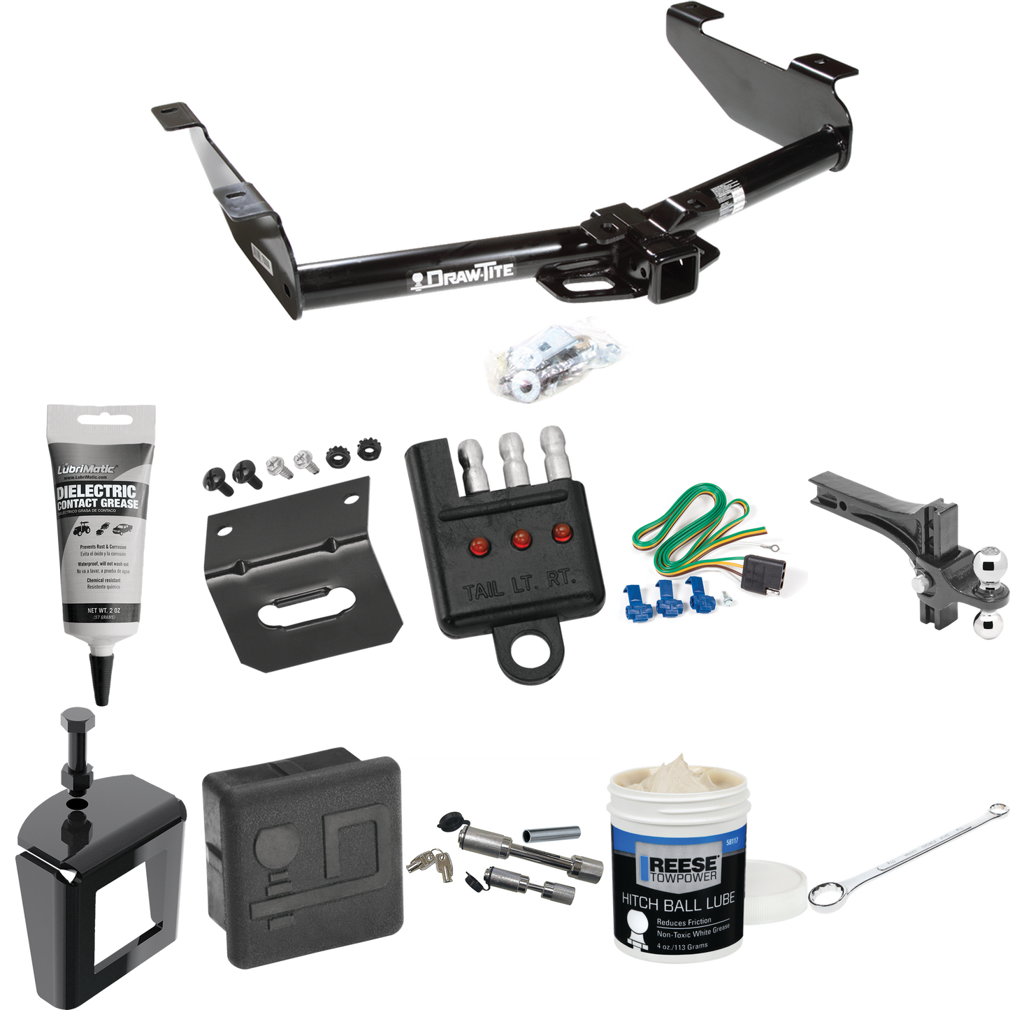 Fits 2003-2007 Chevrolet Silverado 2500 HD Trailer Hitch Tow PKG w/ 4-Flat Wiring + Dual Adjustable Drop Rise Ball Ball Mount 2" & 2-5/16" Trailer Balls + Wiring Bracket + Hitch Cover + Dual Hitch & Coupler Locks + Wiring Tester + Ball Lube + Electri