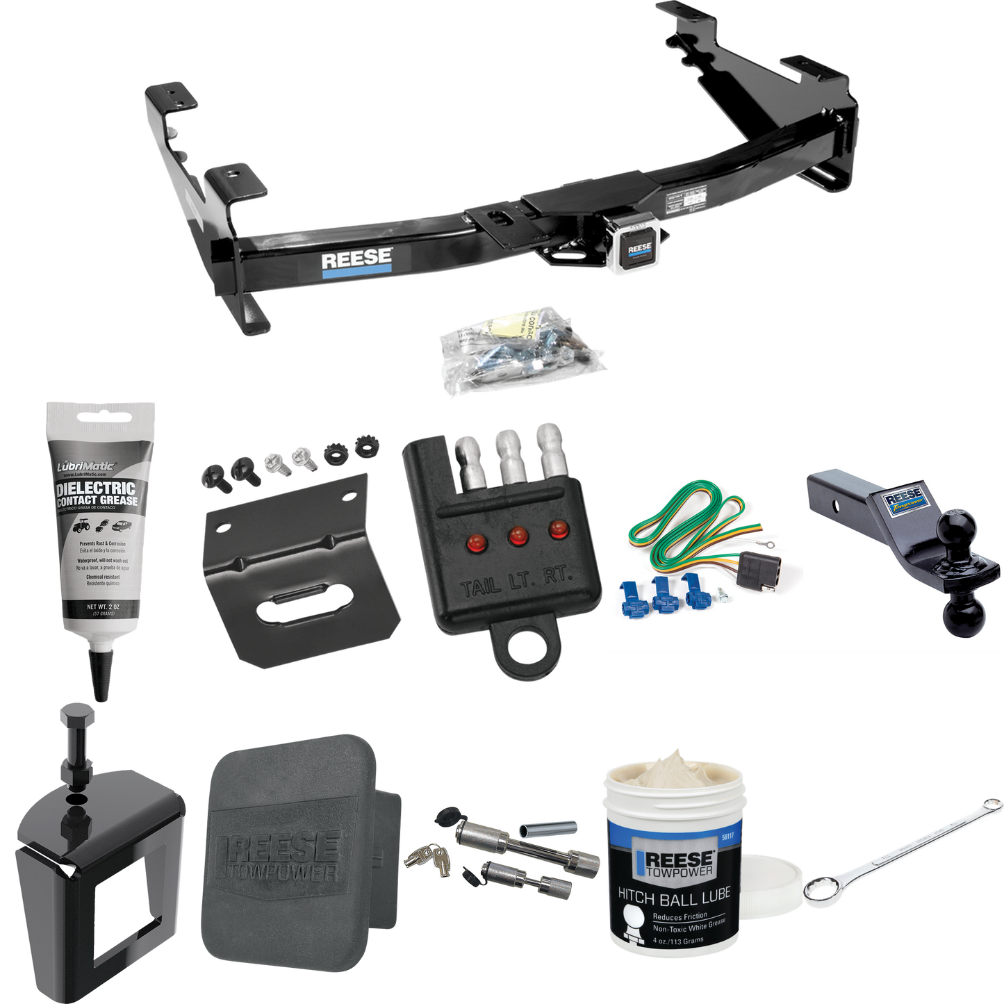 Fits 2003-2007 Chevrolet Silverado 3500 Trailer Hitch Tow PKG w/ 4-Flat Wiring + Dual Ball Ball Mount 1-7/8" & 2" Trailer Balls + Wiring Bracket + Hitch Cover + Dual Hitch & Coupler Locks + Wiring Tester + Ball Lube + Electric Grease + Ball Wrench +