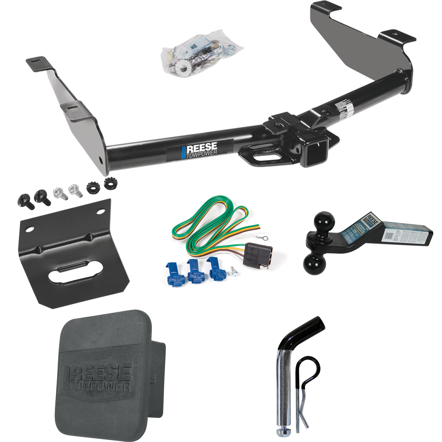 Fits 2001-2002 GMC Sierra 3500 Trailer Hitch Tow PKG w/ 4-Flat Wiring + Dual Ball Ball Mount 2" & 2-5/16" Trailer Balls + Pin/Clip + Wiring Bracket + Hitch Cover By Reese Towpower