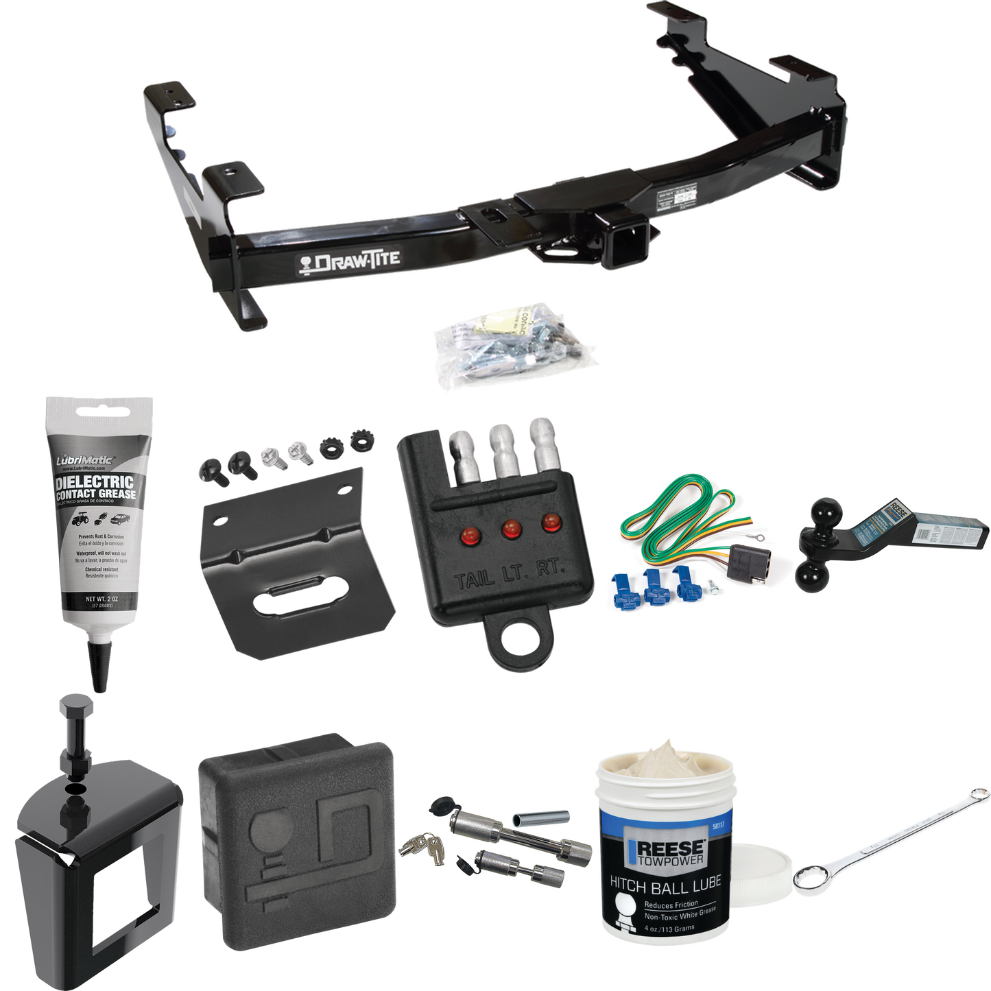 Fits 2003-2007 GMC Sierra 2500 HD Trailer Hitch Tow PKG w/ 4-Flat Wiring + Dual Ball Ball Mount 2" & 2-5/16" Trailer Balls + Wiring Bracket + Hitch Cover + Dual Hitch & Coupler Locks + Wiring Tester + Ball Lube + Electric Grease + Ball Wrench + Anti