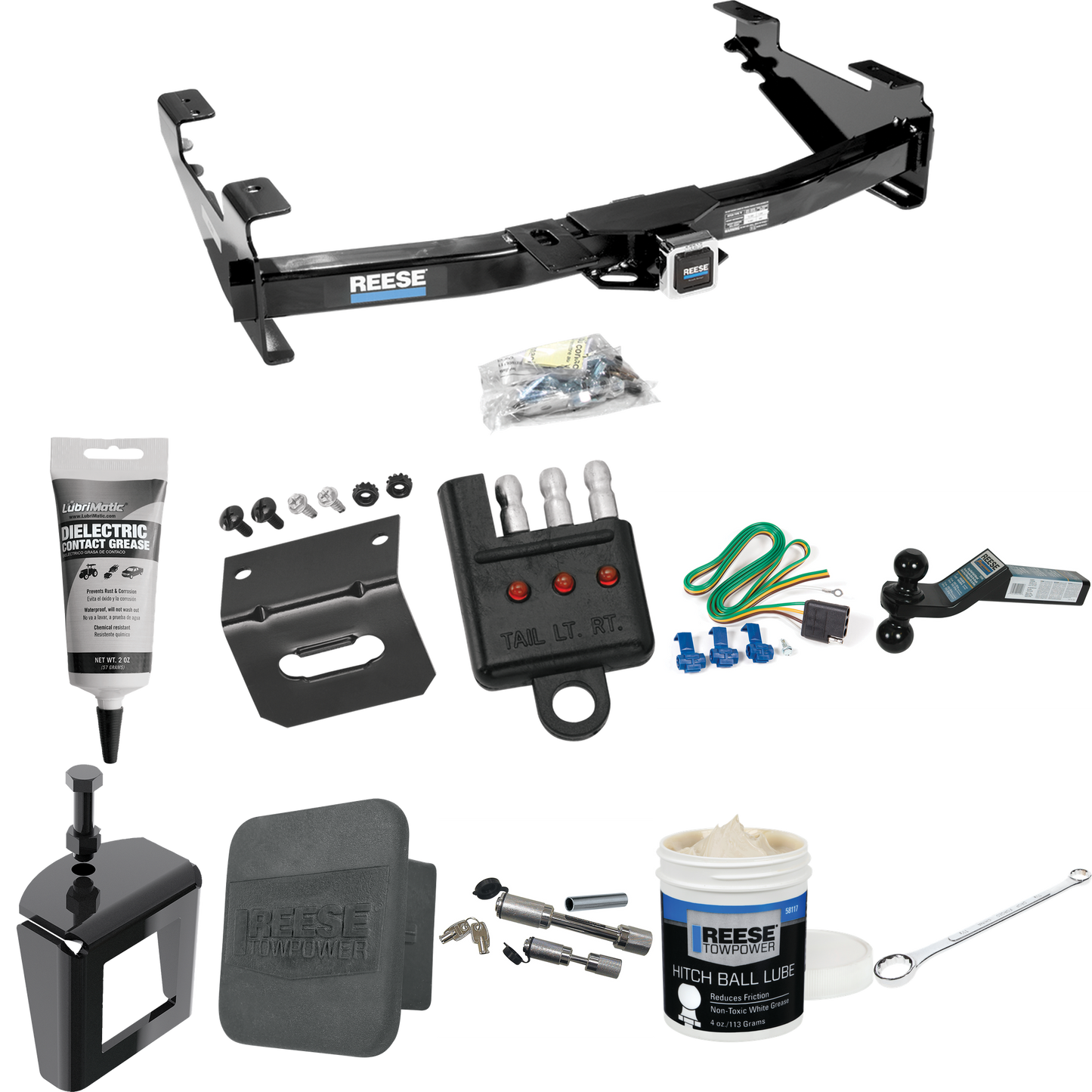 Fits 2003-2007 GMC Sierra 2500 HD Trailer Hitch Tow PKG w/ 4-Flat Wiring + Dual Ball Ball Mount 2" & 2-5/16" Trailer Balls + Wiring Bracket + Hitch Cover + Dual Hitch & Coupler Locks + Wiring Tester + Ball Lube + Electric Grease + Ball Wrench + Anti