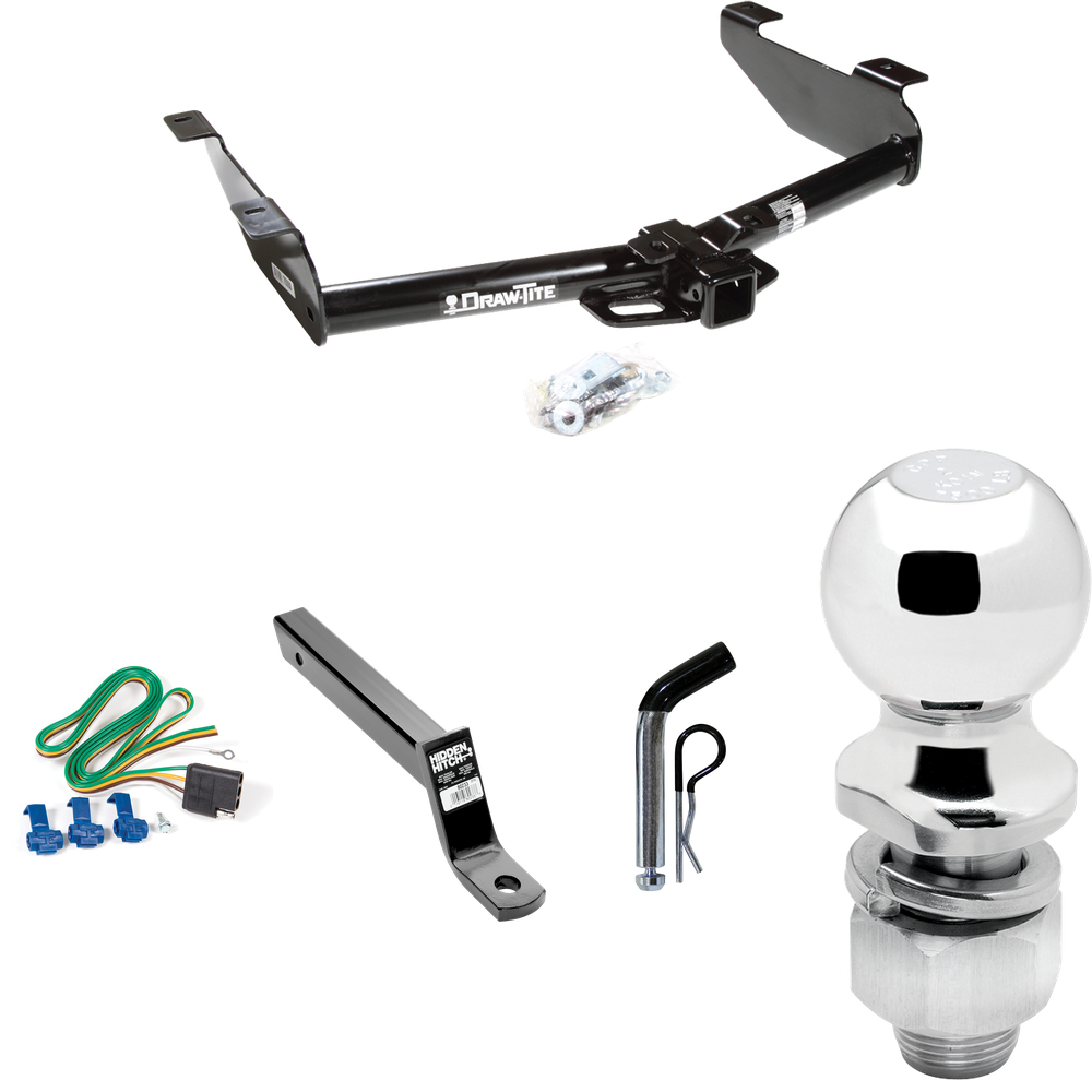 Fits 2001-2002 GMC Sierra 3500 Trailer Hitch Tow PKG w/ 4-Flat Wiring + Extended 16" Long Ball Mount w/ 4" Drop + Pin/Clip + 2" Ball By Draw-Tite