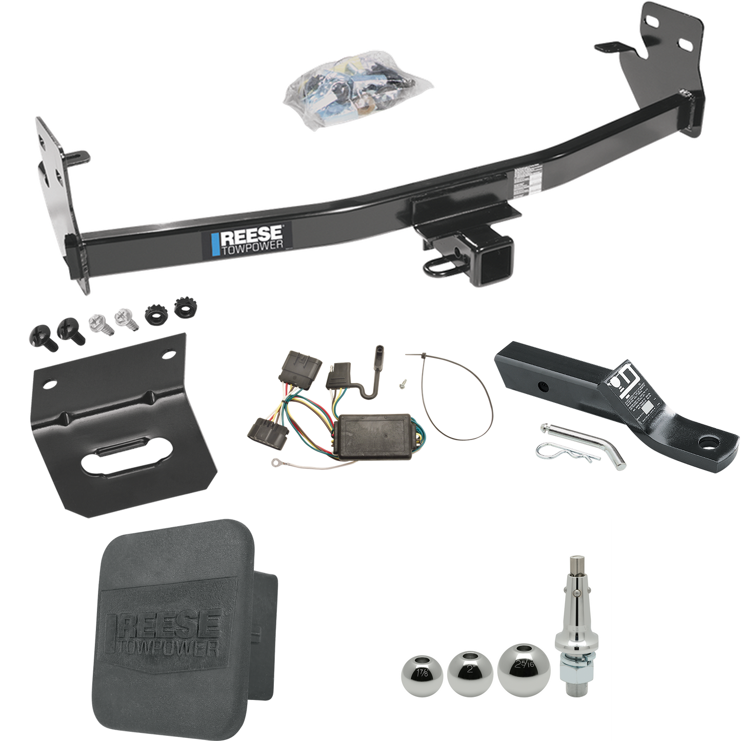 Se adapta al paquete de enganche de remolque Isuzu i-350 2006-2006 con 4 cables planos + soporte de bola con caída de 2" + bola intercambiable de 1-7/8" y 2" y 2-5/16" + soporte de cableado + enganche Portada de Reese Towpower