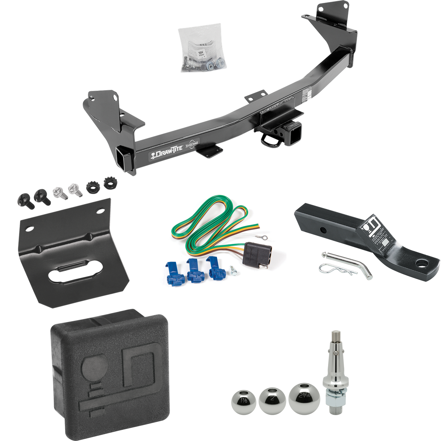 Fits 2015-2022 Chevrolet Colorado Trailer Hitch Tow PKG w/ 4-Flat Wiring + Ball Mount w/ 2" Drop + Interchangeable Ball 1-7/8" & 2" & 2-5/16" + Wiring Bracket + Hitch Cover By Draw-Tite