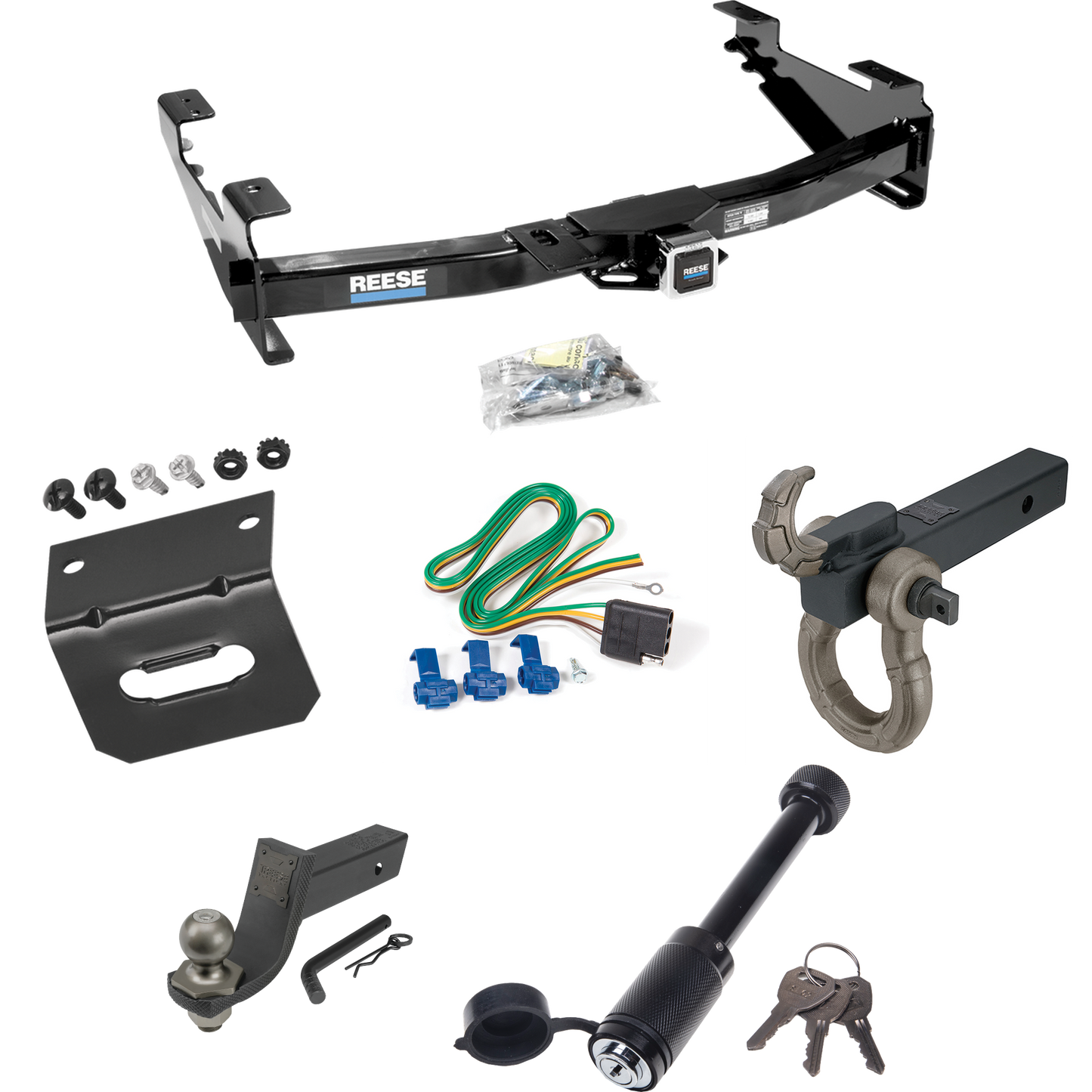 Fits 2003-2007 GMC Sierra 3500 Trailer Hitch Tow PKG w/ 4-Flat Wiring + Interlock Tactical Starter Kit w/ 3-1/4" Drop & 2" Ball + Tactical Hook & Shackle Mount + Tactical Dogbone Lock + Wiring Bracket (For (Classic) Models) By Reese Towpower