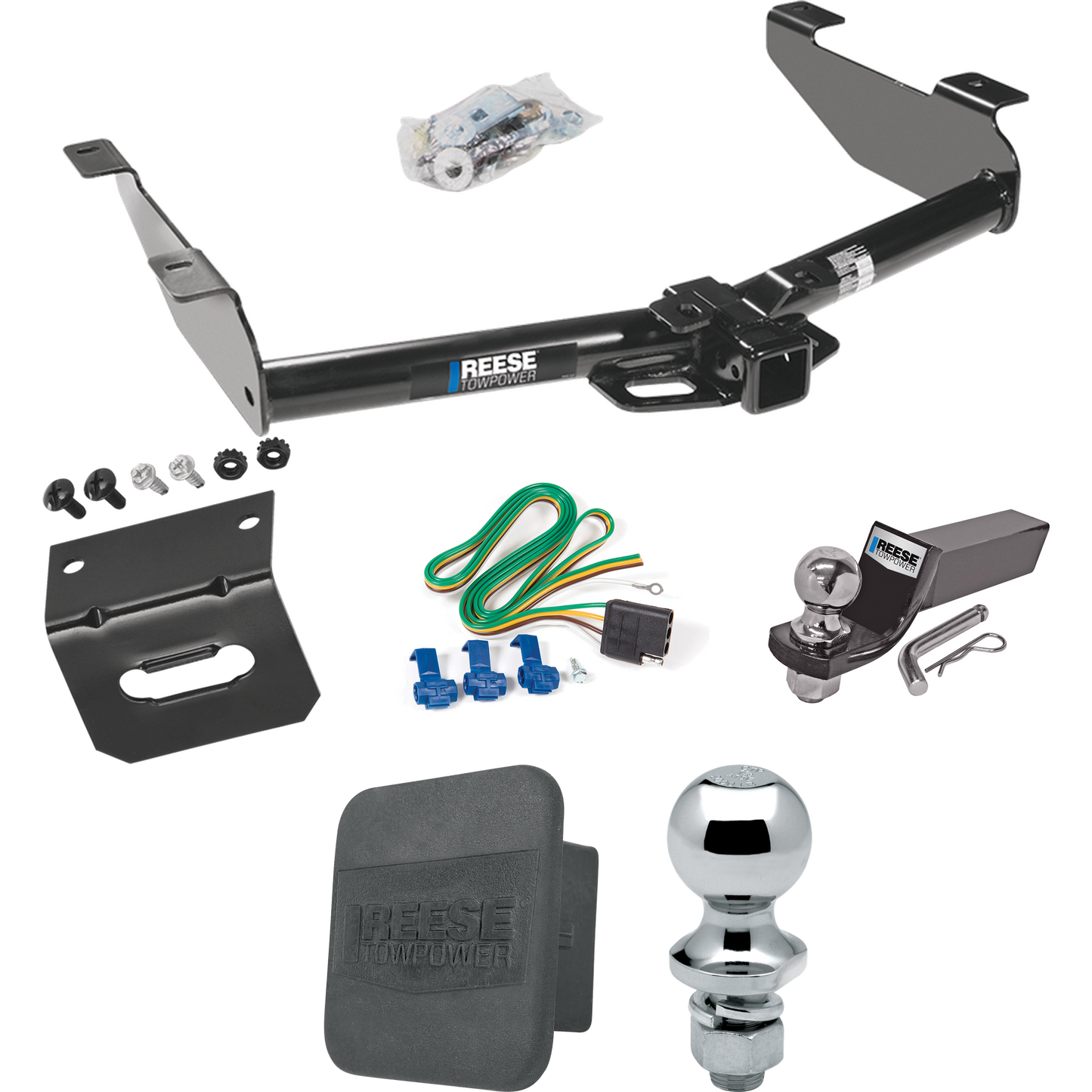 Fits 2003-2007 Chevrolet Silverado 3500 Trailer Hitch Tow PKG w/ 4-Flat Wiring + Starter Kit Ball Mount w/ 2" Drop & 2" Ball + 1-7/8" Ball + Wiring Bracket + Hitch Cover (For (Classic) Models) By Reese Towpower