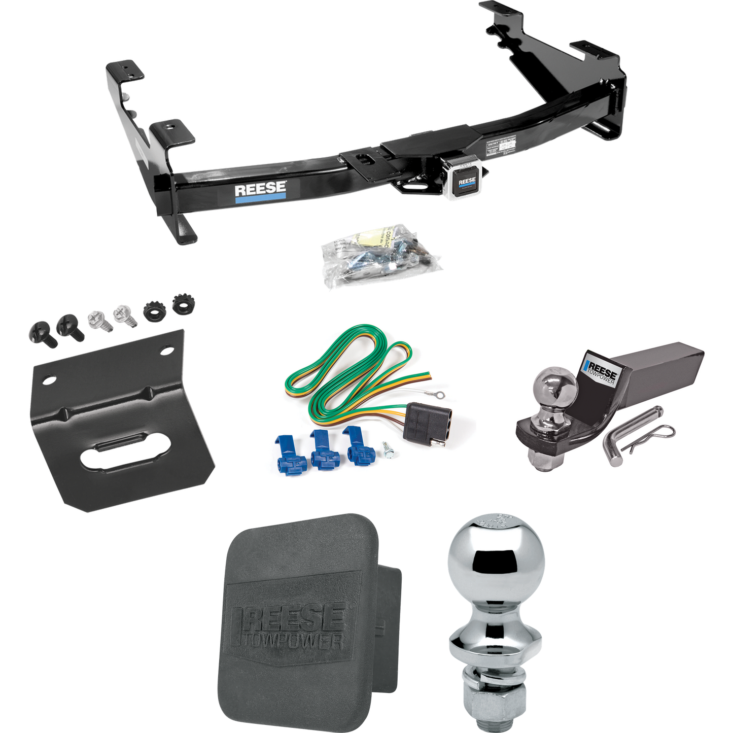 Fits 2003-2007 Chevrolet Silverado 3500 Trailer Hitch Tow PKG w/ 4-Flat Wiring + Starter Kit Ball Mount w/ 2" Drop & 2" Ball + 1-7/8" Ball + Wiring Bracket + Hitch Cover (For (Classic) Models) By Reese Towpower