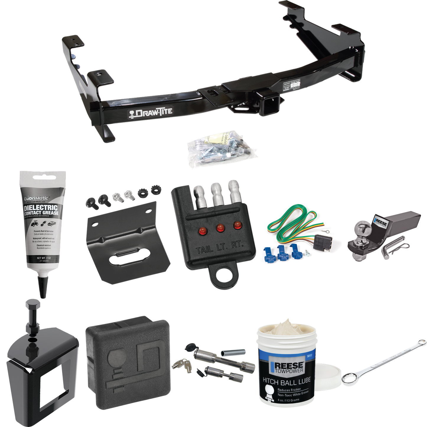 Fits 2001-2002 Chevrolet Silverado 2500 HD Trailer Hitch Tow PKG w/ 4-Flat Wiring + Starter Kit Ball Mount w/ 2" Drop & 2" Ball + Wiring Bracket + Hitch Cover + Dual Hitch & Coupler Locks + Wiring Tester + Ball Lube + Electric Grease + Ball Wrench +