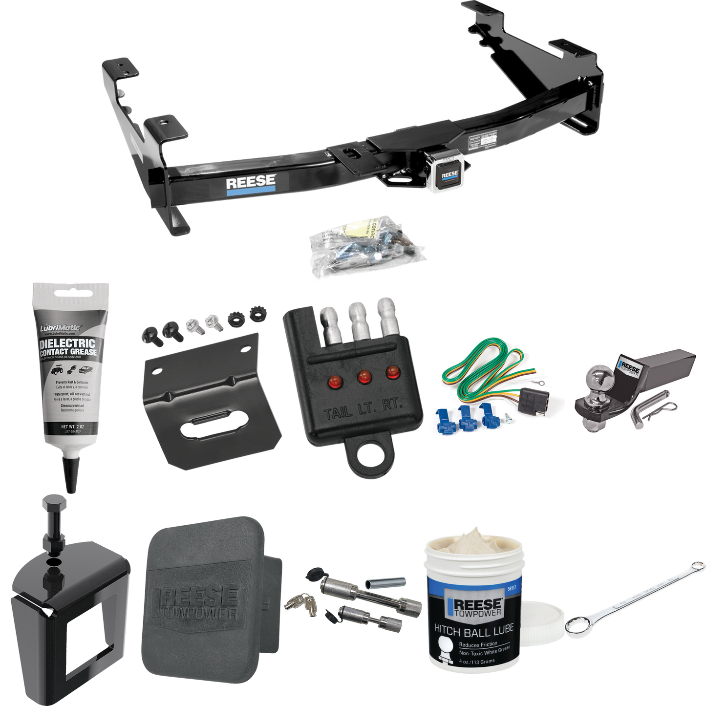 Fits 2003-2007 Chevrolet Silverado 2500 HD Trailer Hitch Tow PKG w/ 4-Flat Wiring + Starter Kit Ball Mount w/ 2" Drop & 2" Ball + Wiring Bracket + Hitch Cover + Dual Hitch & Coupler Locks + Wiring Tester + Ball Lube + Electric Grease + Ball Wrench +