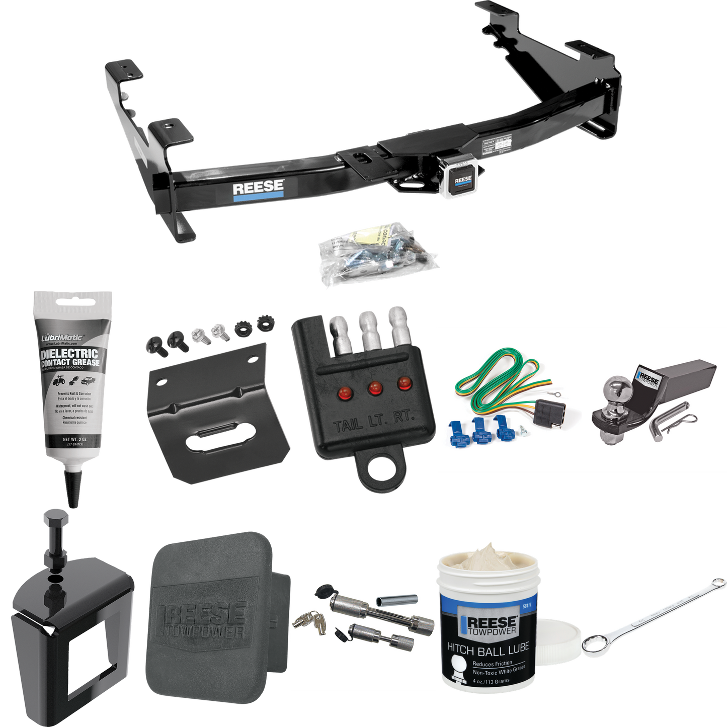 Fits 2001-2002 Chevrolet Silverado 2500 HD Trailer Hitch Tow PKG w/ 4-Flat Wiring + Starter Kit Ball Mount w/ 2" Drop & 2" Ball + Wiring Bracket + Hitch Cover + Dual Hitch & Coupler Locks + Wiring Tester + Ball Lube + Electric Grease + Ball Wrench +
