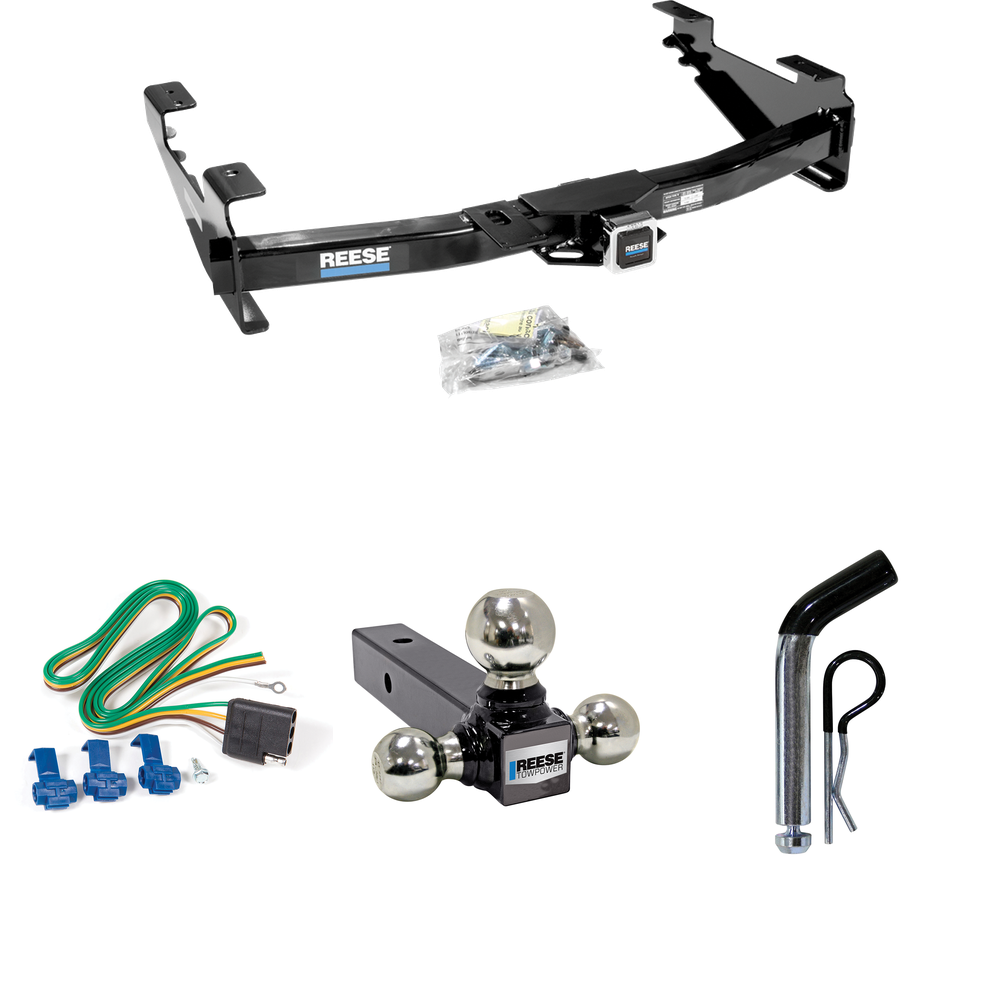 Fits 2001-2002 GMC Sierra 2500 HD Trailer Hitch Tow PKG w/ 4-Flat Wiring + Triple Ball Ball Mount 1-7/8" & 2" & 2-5/16" Trailer Balls + Pin/Clip By Reese Towpower