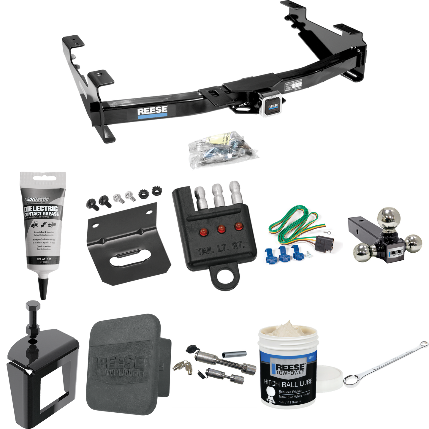 Fits 2003-2007 Chevrolet Silverado 2500 HD Trailer Hitch Tow PKG w/ 4-Flat Wiring + Triple Ball Ball Mount 1-7/8" & 2" & 2-5/16" Trailer Balls + Wiring Bracket + Hitch Cover + Dual Hitch & Coupler Locks + Wiring Tester + Ball Lube + Electric Grease +