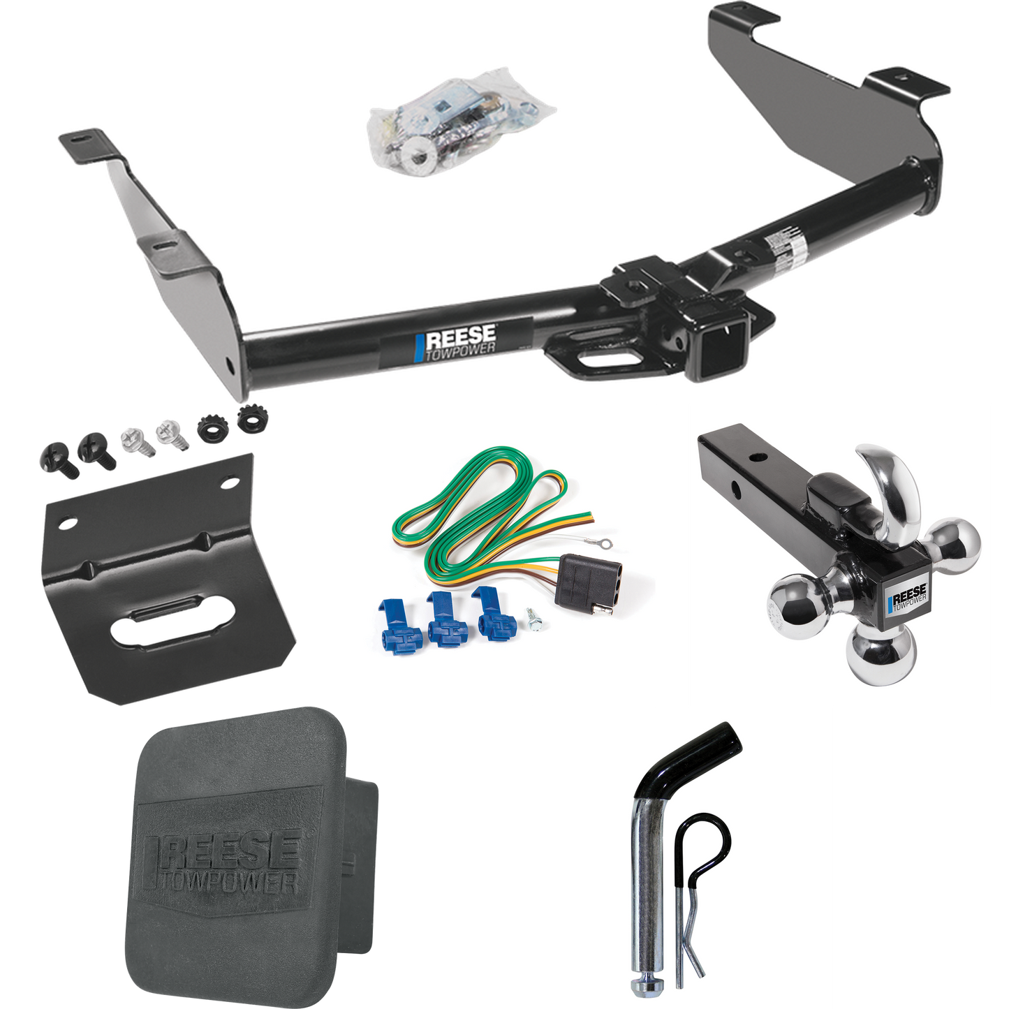 Fits 2001-2002 Chevrolet Silverado 2500 HD Trailer Hitch Tow PKG w/ 4-Flat Wiring + Triple Ball Ball Mount 1-7/8" & 2" & 2-5/16" Trailer Balls w/ Tow Hook + Pin/Clip + Wiring Bracket + Hitch Cover By Reese Towpower