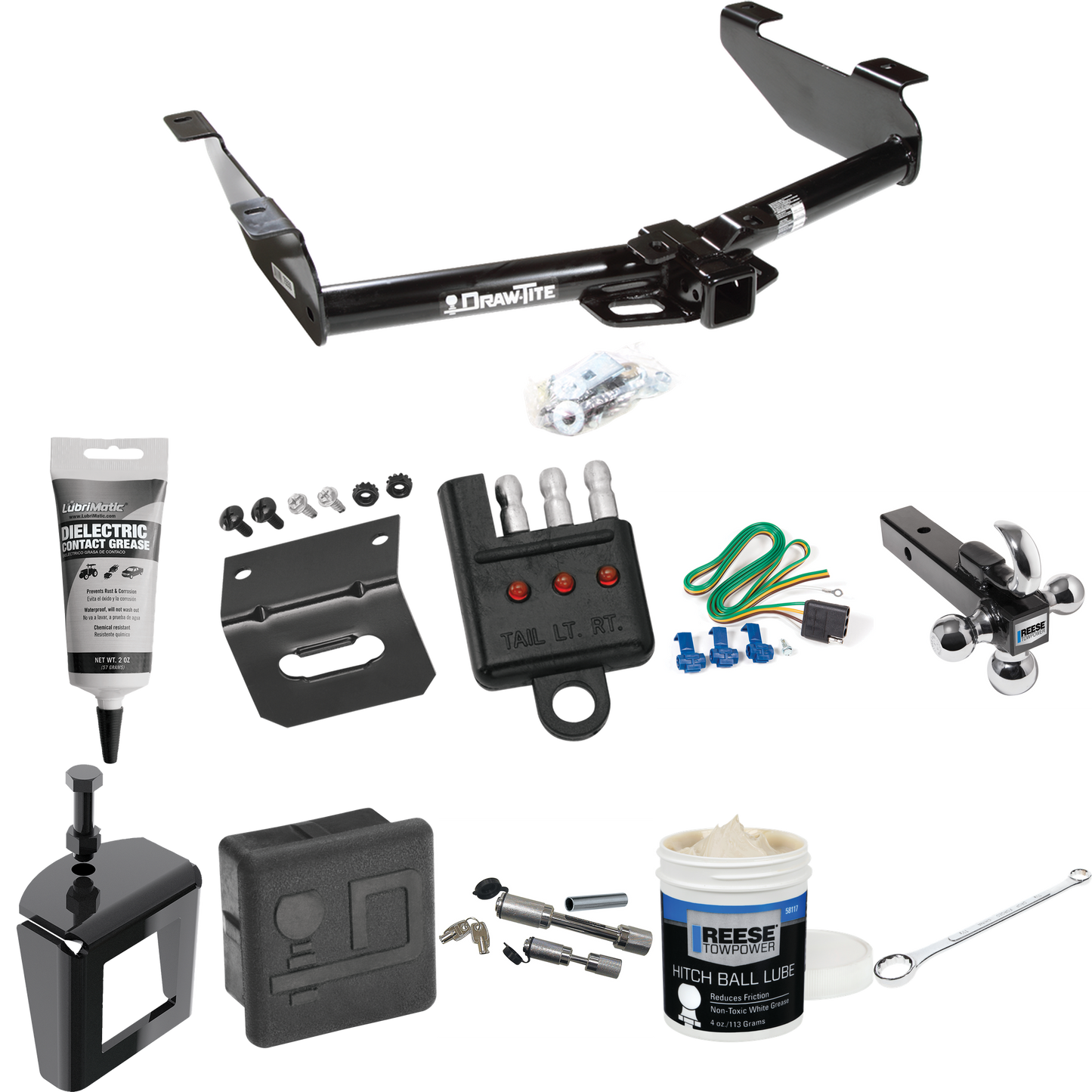 Fits 2003-2007 GMC Sierra 3500 Trailer Hitch Tow PKG w/ 4-Flat Wiring + Triple Ball Ball Mount 1-7/8" & 2" & 2-5/16" Trailer Balls w/ Tow Hook + Wiring Bracket + Hitch Cover + Dual Hitch & Coupler Locks + Wiring Tester + Ball Lube + Electric Grease +