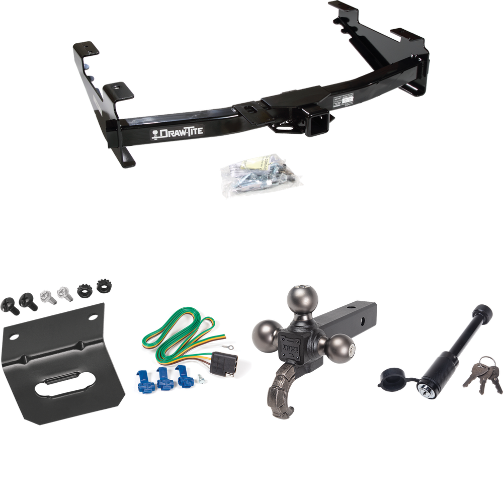 Fits 2003-2007 GMC Sierra 3500 Trailer Hitch Tow PKG w/ 4-Flat Wiring + Tactical Triple Ball Ball Mount 1-7/8" & 2" & 2-5/16" Balls & Tow Hook + Tactical Dogbone Lock + Wiring Bracket (For (Classic) Models) By Draw-Tite