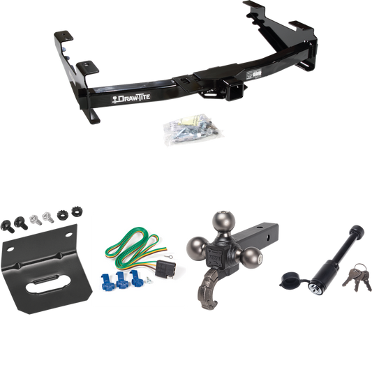 Fits 2003-2007 GMC Sierra 3500 Trailer Hitch Tow PKG w/ 4-Flat Wiring + Tactical Triple Ball Ball Mount 1-7/8" & 2" & 2-5/16" Balls & Tow Hook + Tactical Dogbone Lock + Wiring Bracket (For (Classic) Models) By Draw-Tite