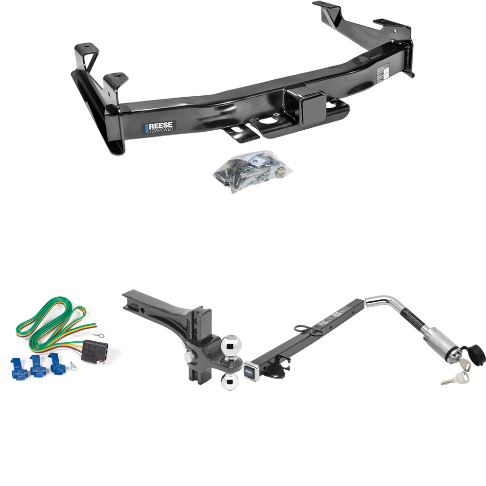 Fits 2001-2002 GMC Sierra 2500 HD Trailer Hitch Tow PKG w/ 4-Flat Wiring Harness + 2-1/2" to 2" Adapter 24" Length + Adjustable Drop Rise Dual Ball Ball Mount 2" & 2-5/16" Trailer Balls + Hitch Lock By Reese Towpower