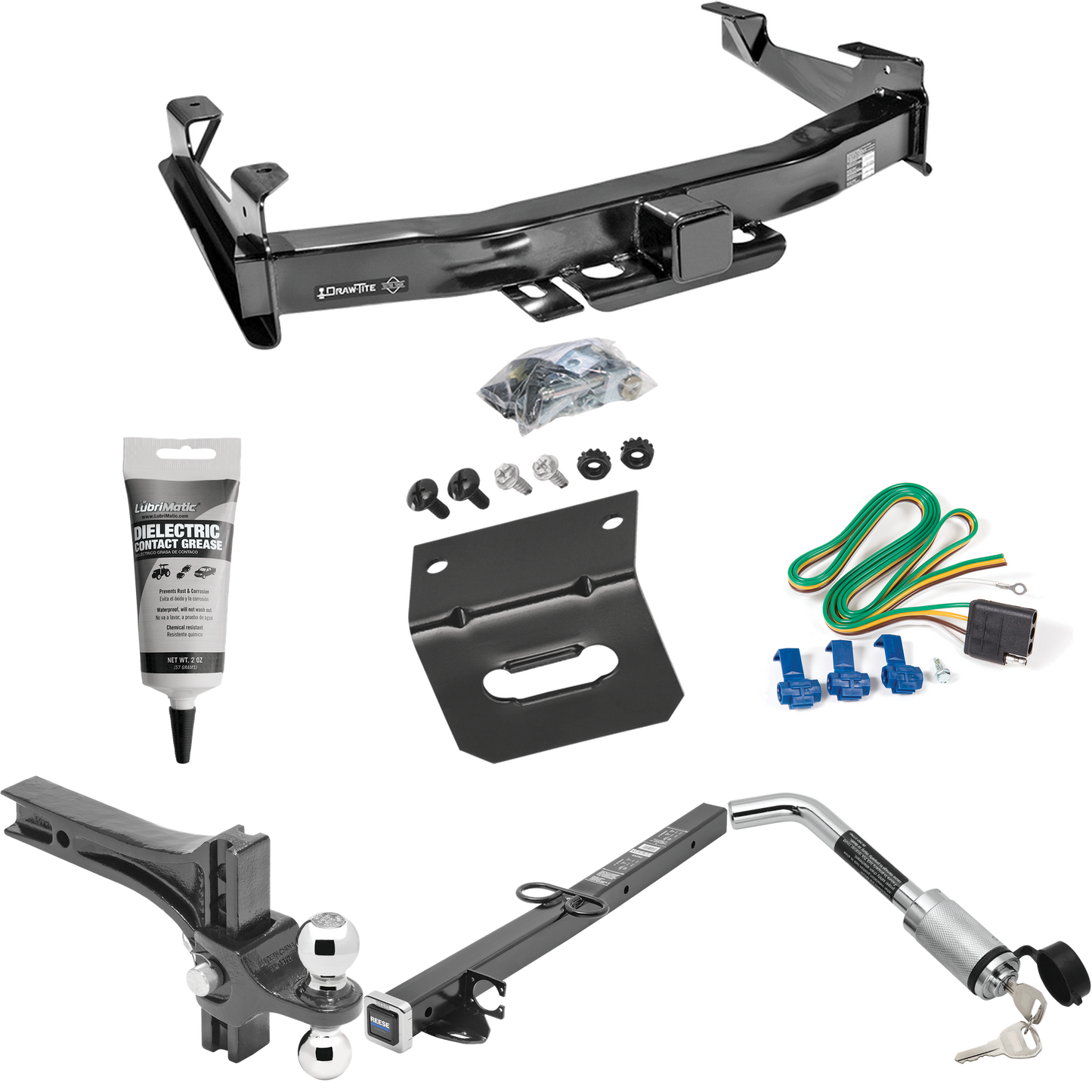 Fits 2001-2002 Chevrolet Silverado 2500 HD Trailer Hitch Tow PKG w/ 4-Flat Wiring Harness + 2-1/2" to 2" Adapter 24" Length + Adjustable Drop Rise Dual Ball Ball Mount 2" & 2-5/16" Trailer Balls + Hitch Lock + Wiring Bracket + Electric Grease By Draw