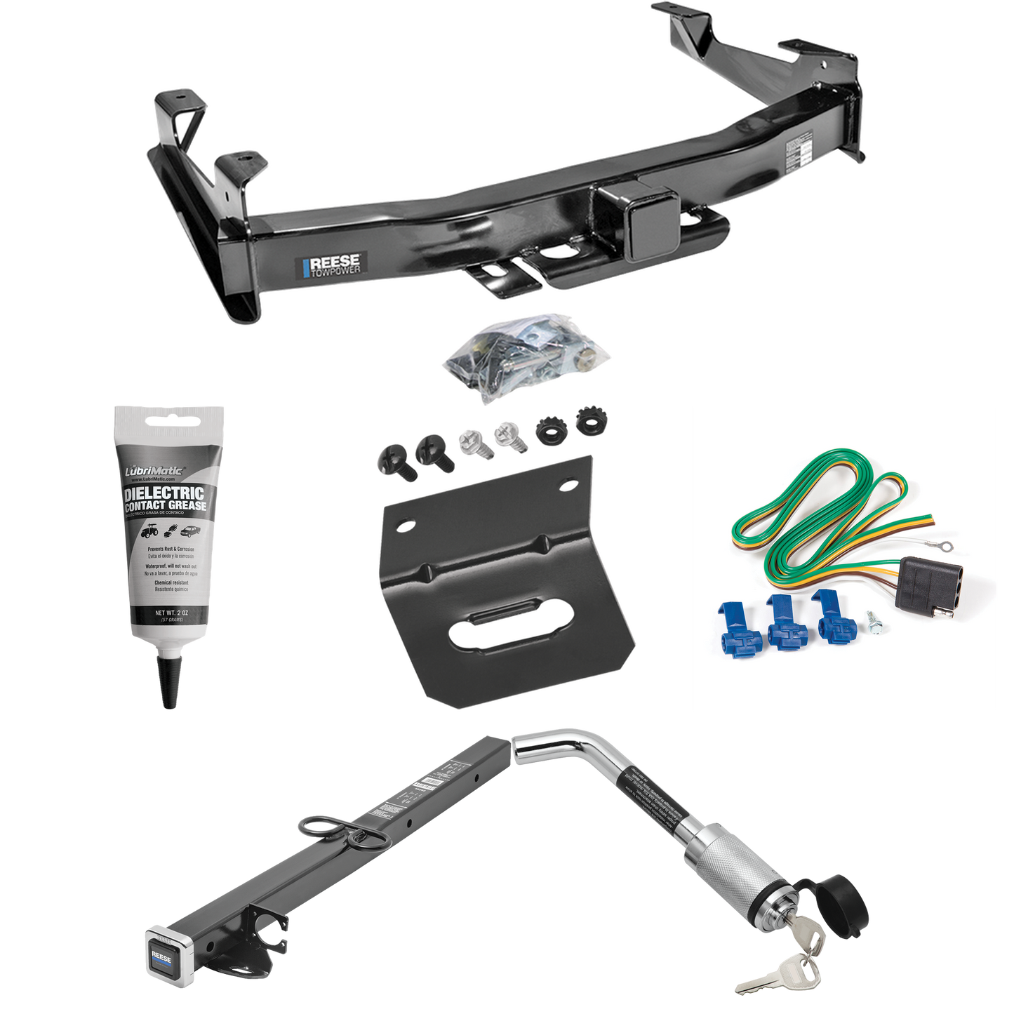 Fits 2003-2007 Chevrolet Silverado 2500 HD Trailer Hitch Tow PKG w/ 4-Flat Wiring Harness + 2-1/2" to 2" Adapter 24" Length + Hitch Lock + Wiring Bracket + Electric Grease (For (Classic) Models) By Reese Towpower