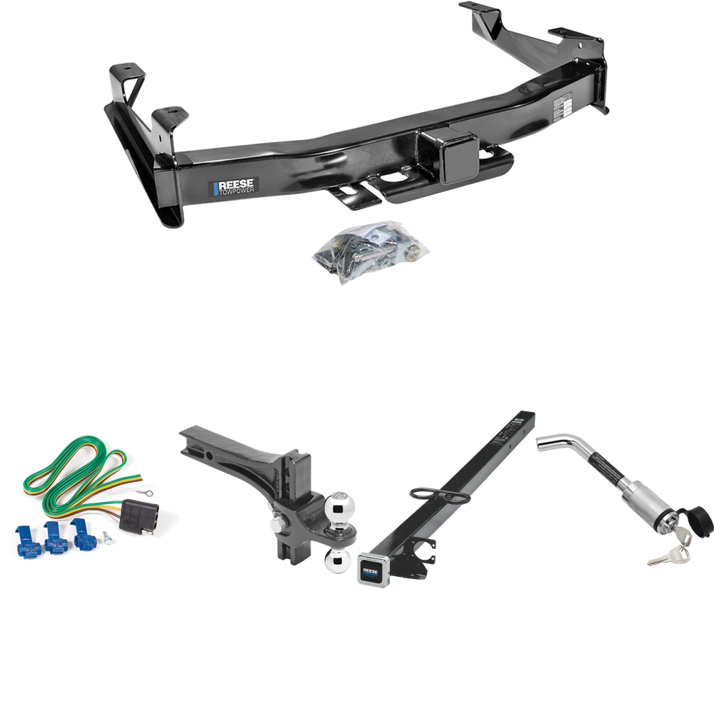 Fits 2003-2007 Chevrolet Silverado 2500 HD Trailer Hitch Tow PKG w/ 4-Flat Wiring Harness + 2-1/2" to 2" Adapter 41" Length + Adjustable Drop Rise Dual Ball Ball Mount 2" & 2-5/16" Trailer Balls + Hitch Lock (For (Classic) Models) By Reese Towpower