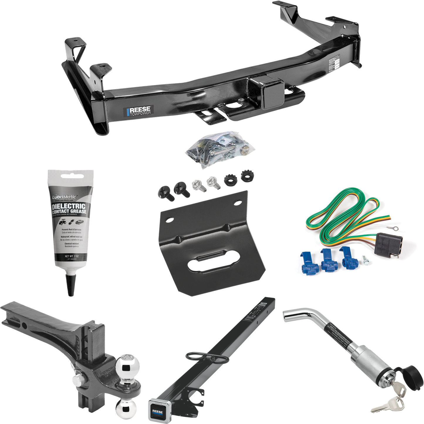 Fits 2003-2006 Chevrolet Silverado 3500 Trailer Hitch Tow PKG w/ 4-Flat Wiring Harness + 2-1/2" to 2" Adapter 41" Length + Adjustable Drop Rise Dual Ball Ball Mount 2" & 2-5/16" Trailer Balls + Hitch Lock + Wiring Bracket + Electric Grease (For (Clas